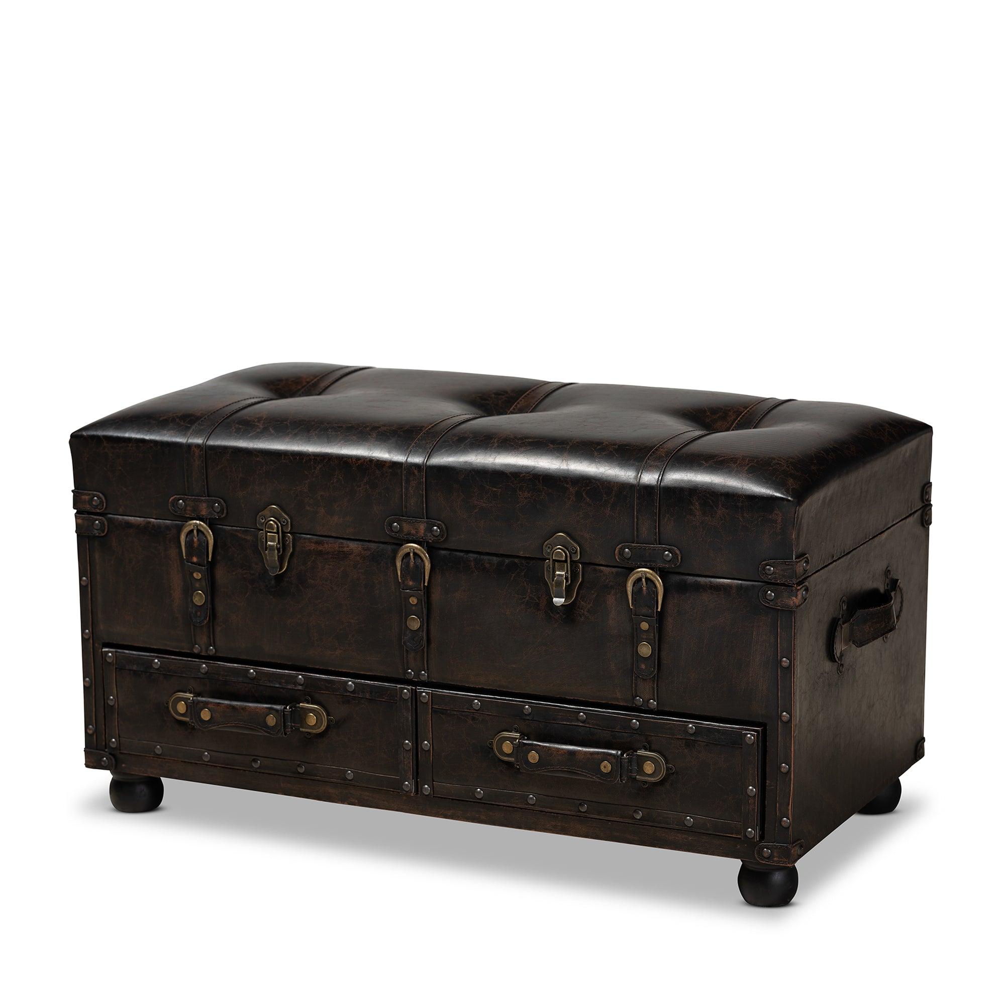 Callum Modern Transitional Distressed Faux Leather Upholstered 2-Drawer Storage Trunk Ottoman