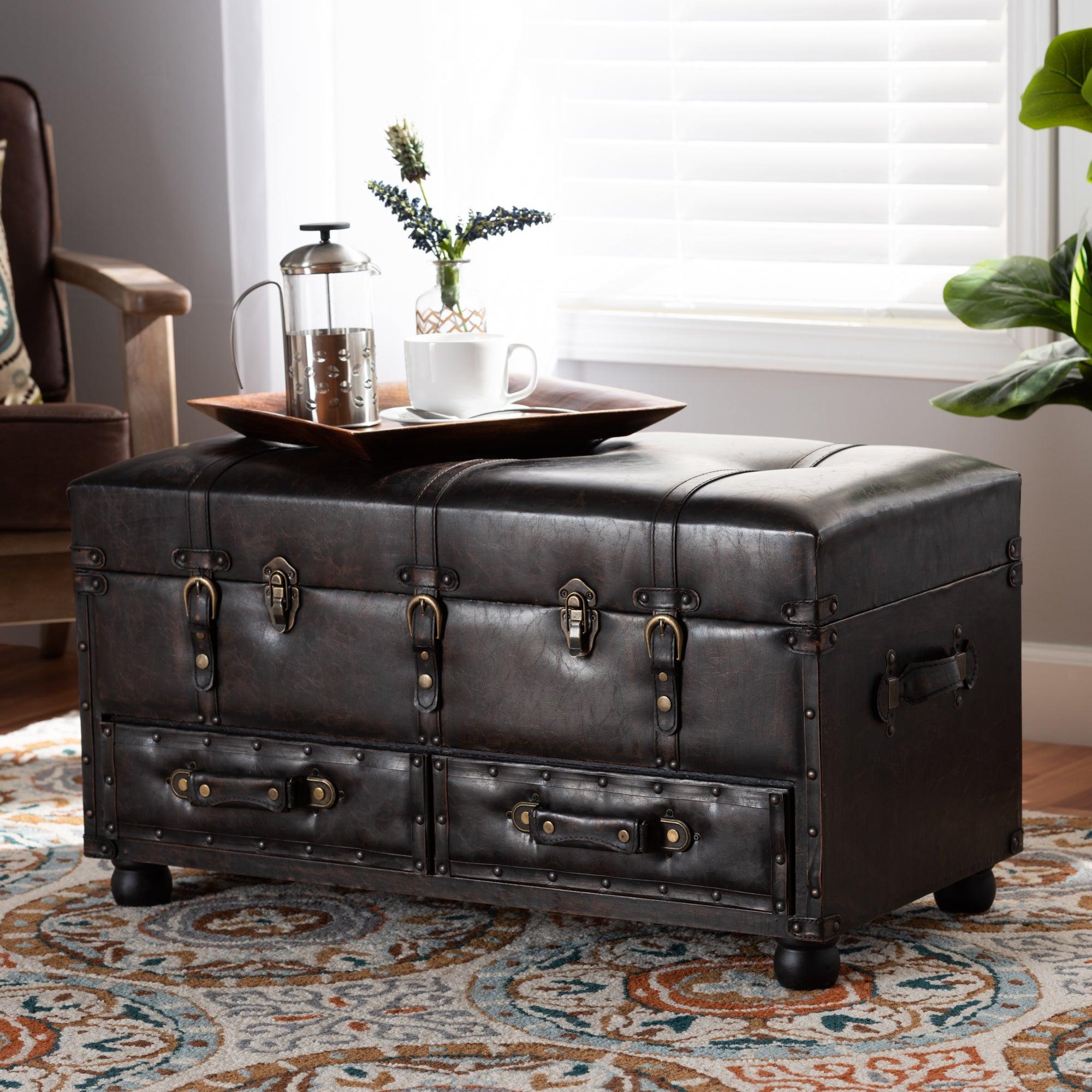 Callum Modern Transitional Distressed Faux Leather Upholstered 2-Drawer Storage Trunk Ottoman