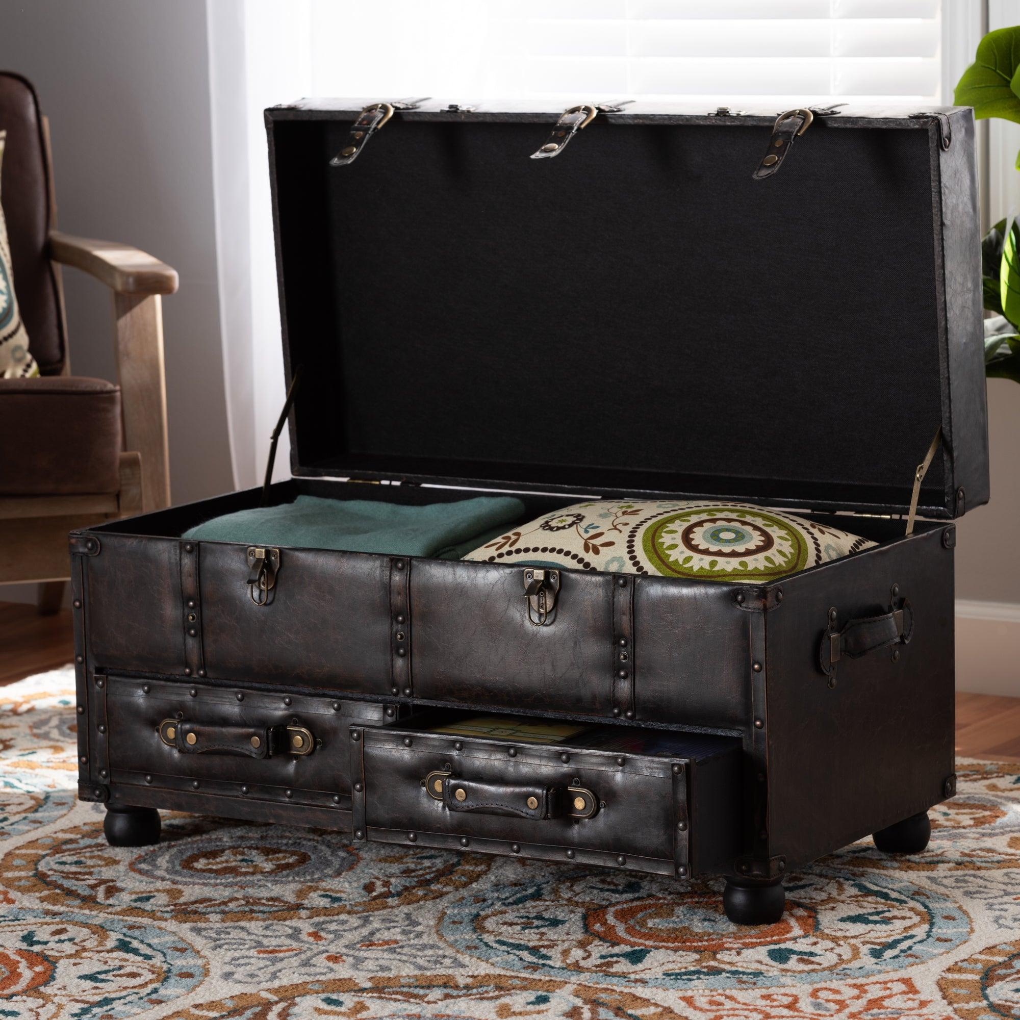 Callum Modern Transitional Distressed Faux Leather Upholstered 2-Drawer Storage Trunk Ottoman