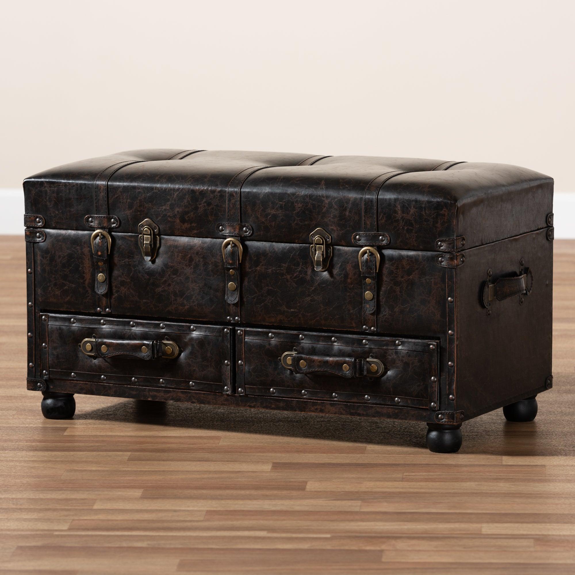 Callum Modern Transitional Distressed Faux Leather Upholstered 2-Drawer Storage Trunk Ottoman