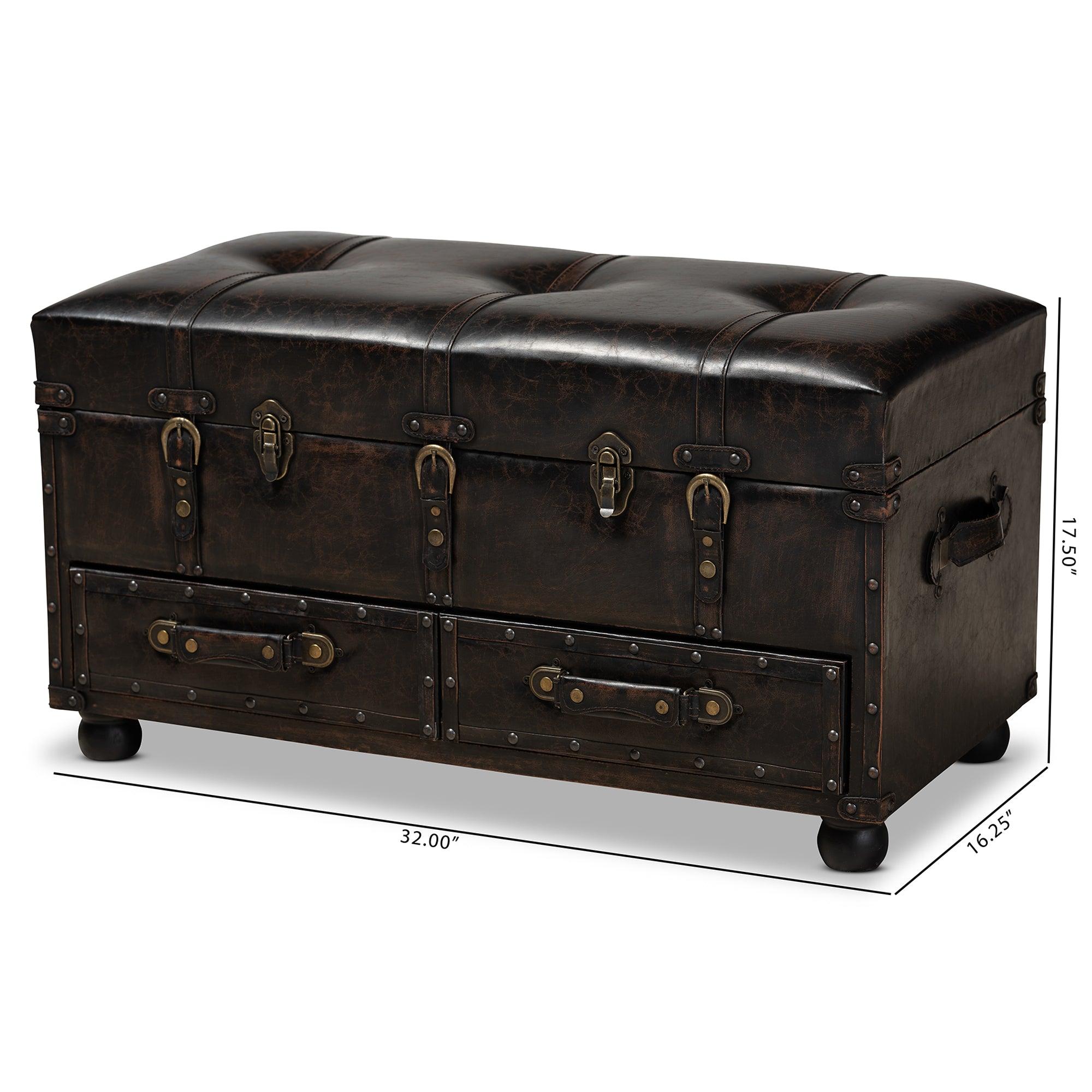 Callum Modern Transitional Distressed Faux Leather Upholstered 2-Drawer Storage Trunk Ottoman