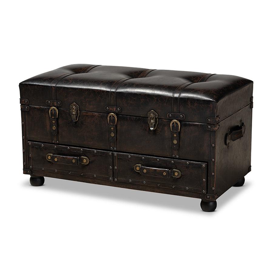 Callum Modern Transitional Distressed Faux Leather Upholstered 2-Drawer Storage Trunk Ottoman