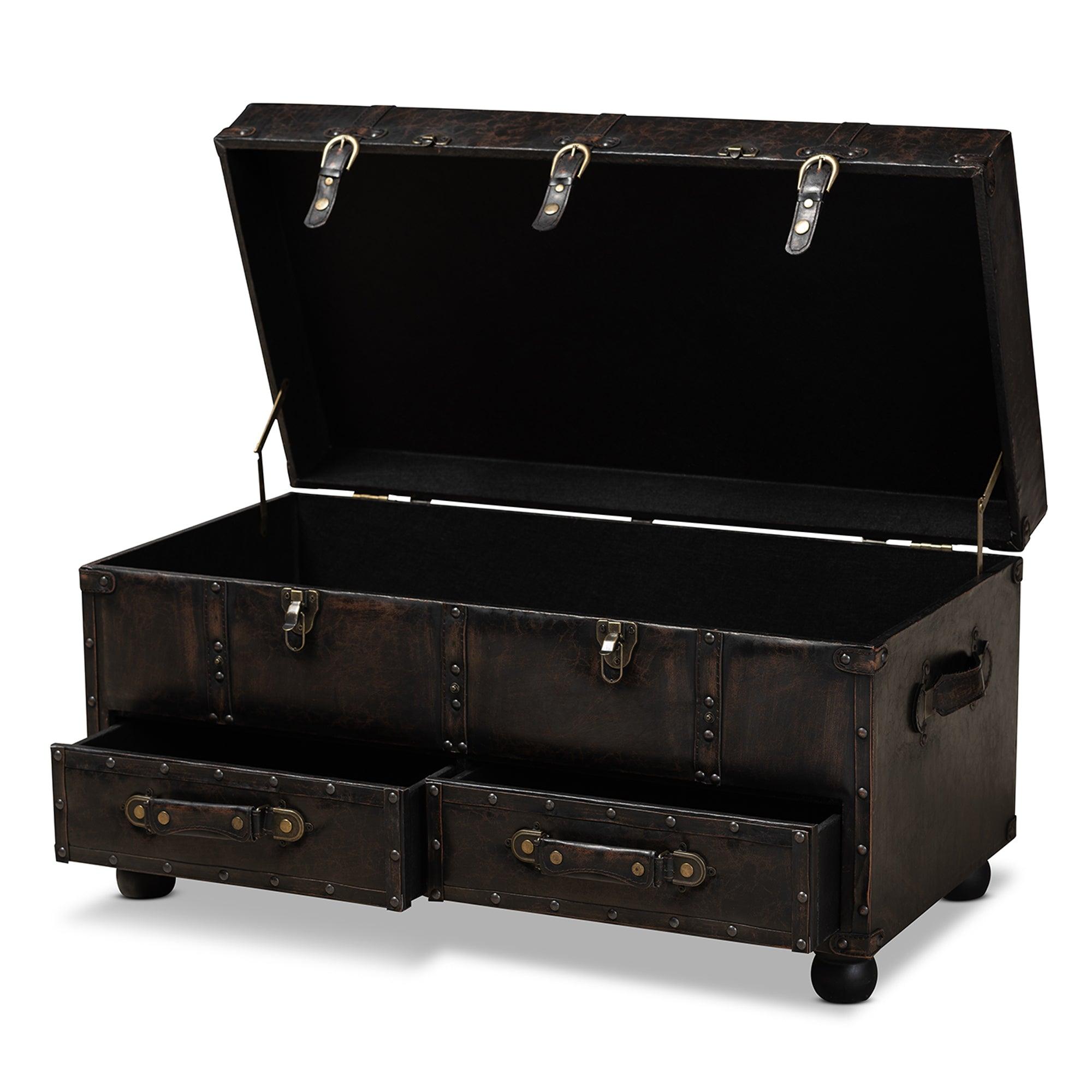 Callum Modern Transitional Distressed Faux Leather Upholstered 2-Drawer Storage Trunk Ottoman