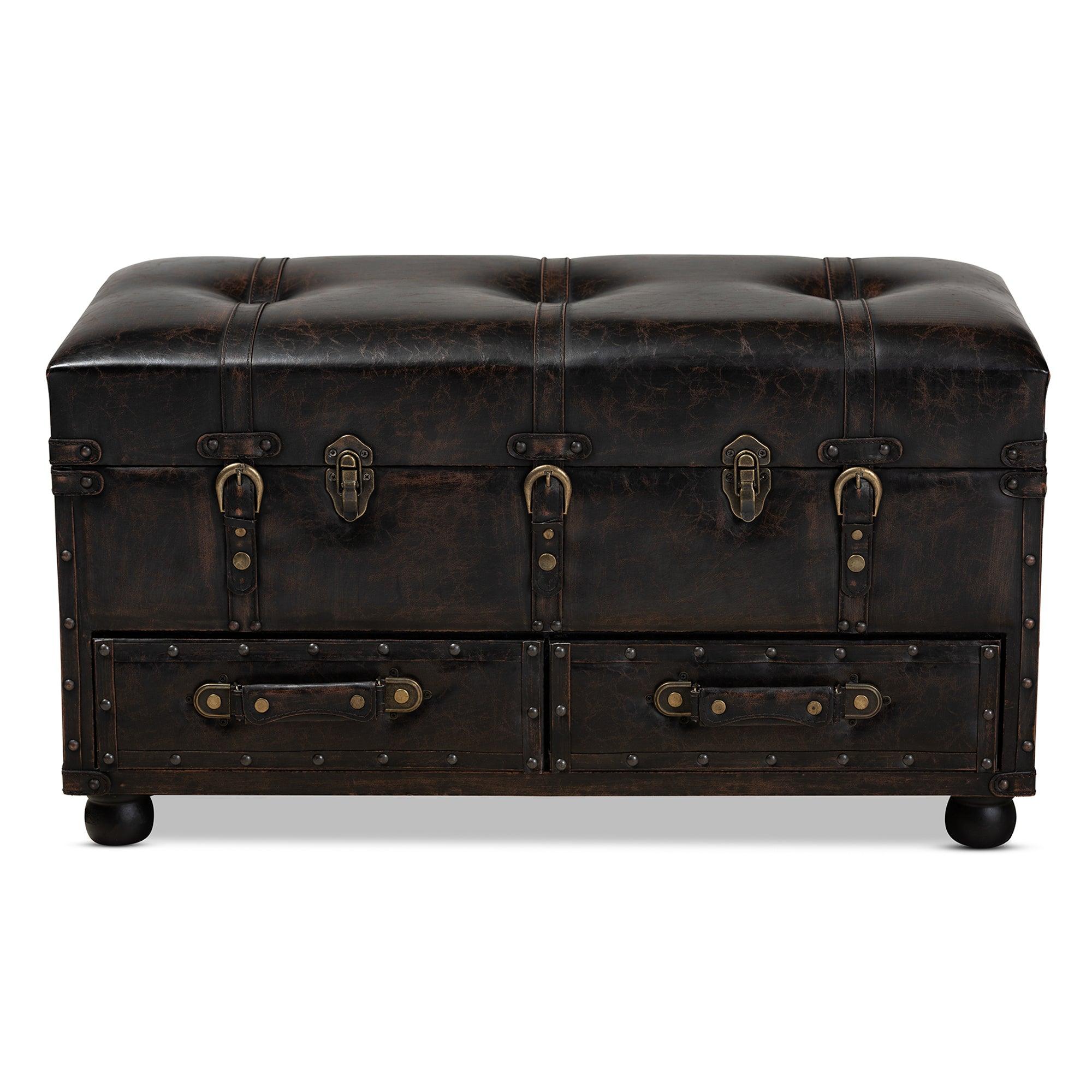 Callum Modern Transitional Distressed Faux Leather Upholstered 2-Drawer Storage Trunk Ottoman