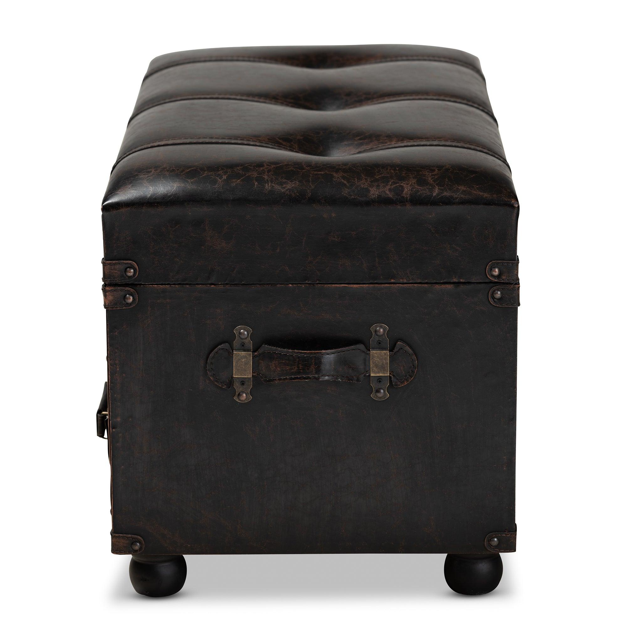 Callum Modern Transitional Distressed Faux Leather Upholstered 2-Drawer Storage Trunk Ottoman