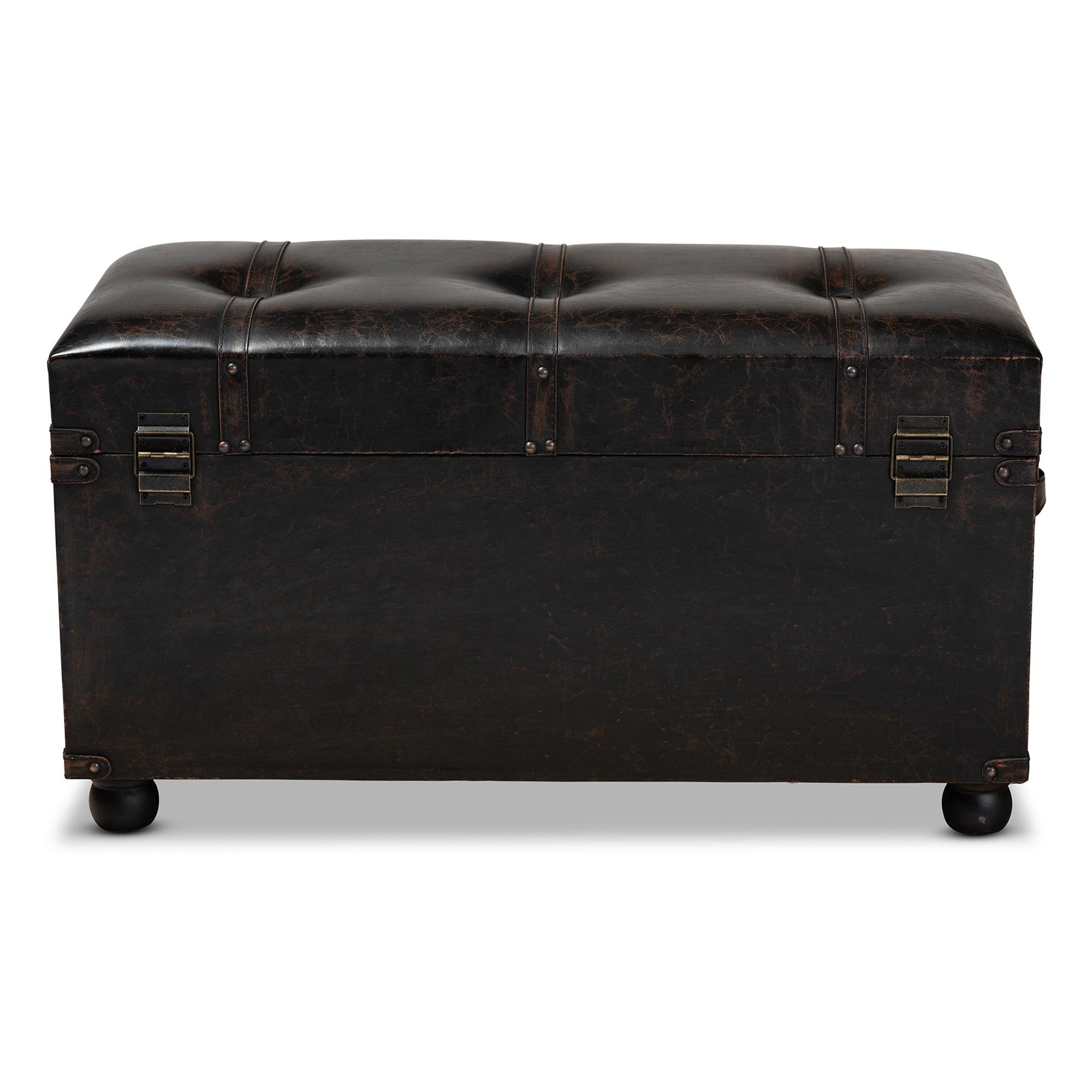 Callum Modern Transitional Distressed Faux Leather Upholstered 2-Drawer Storage Trunk Ottoman