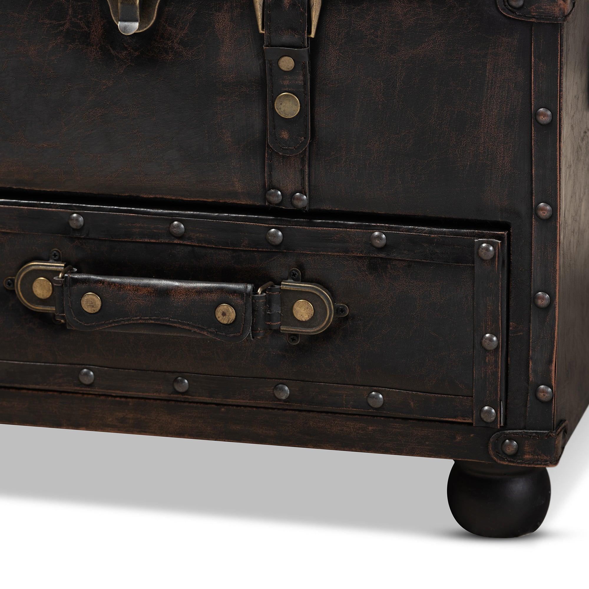 Callum Modern Transitional Distressed Faux Leather Upholstered 2-Drawer Storage Trunk Ottoman