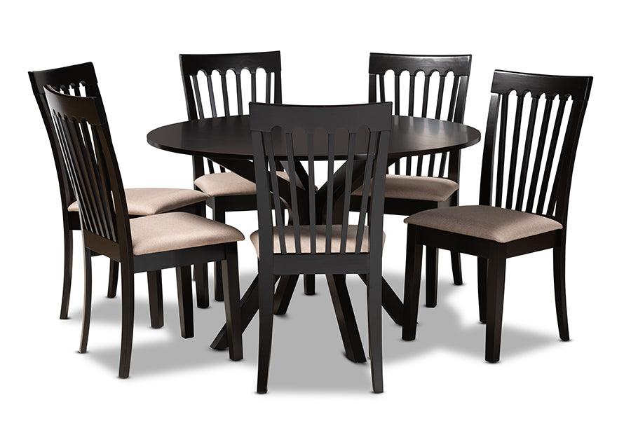 Lore Modern and Contemporary Sand Fabric Upholstered and Finished Wood 7-Piece Dining Set