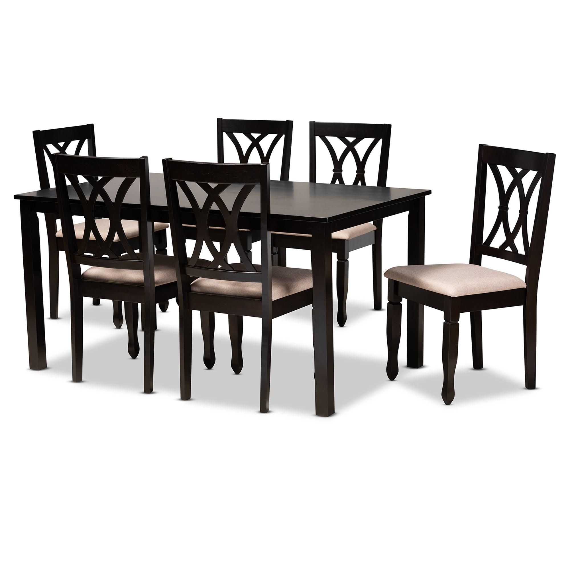 Reneau Modern and Contemporary Sand Fabric Upholstered Espresso Finished Wood 7-Piece Dining Set