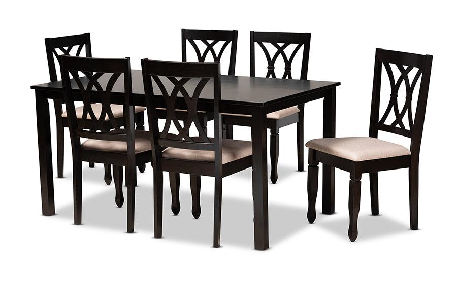 Reneau Modern and Contemporary Sand Fabric Upholstered Espresso Finished Wood 7-Piece Dining Set