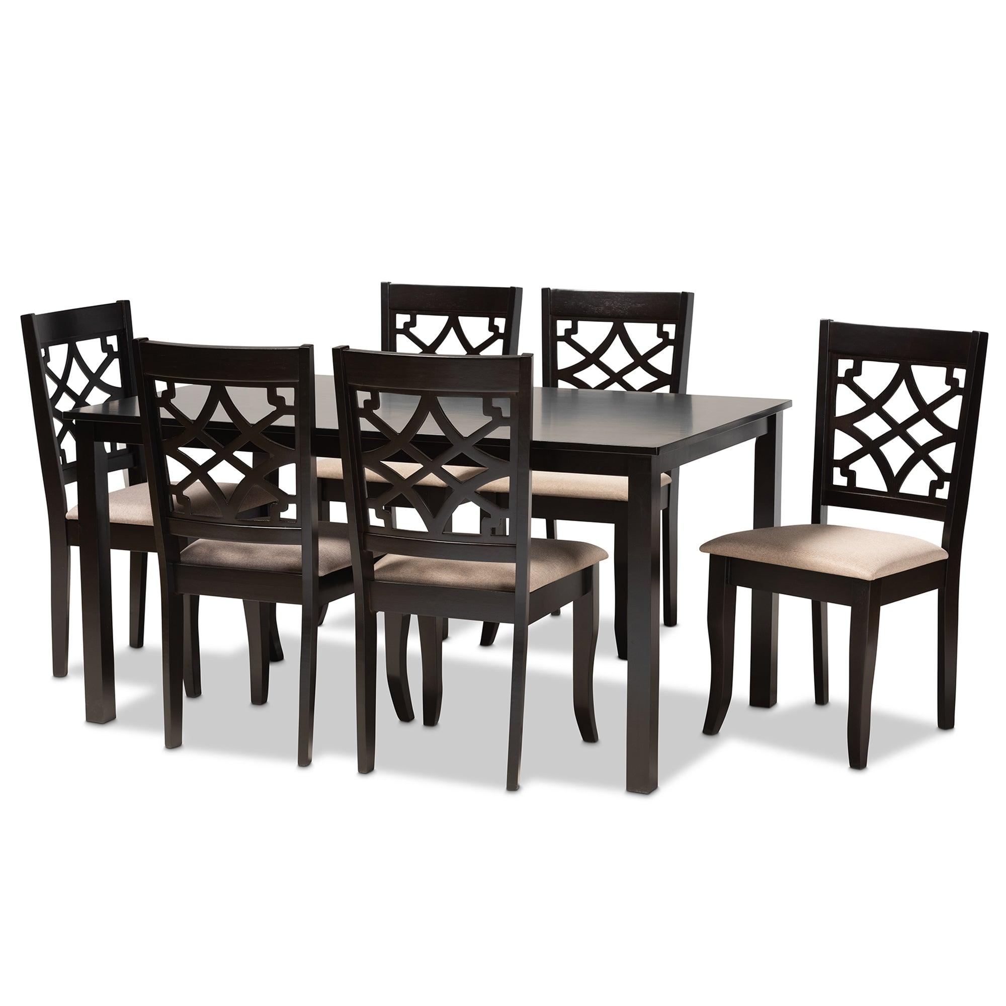 Mael Modern and Contemporary Sand Fabric Upholstered and Espresso Finished Wood 7-Piece Dining Set