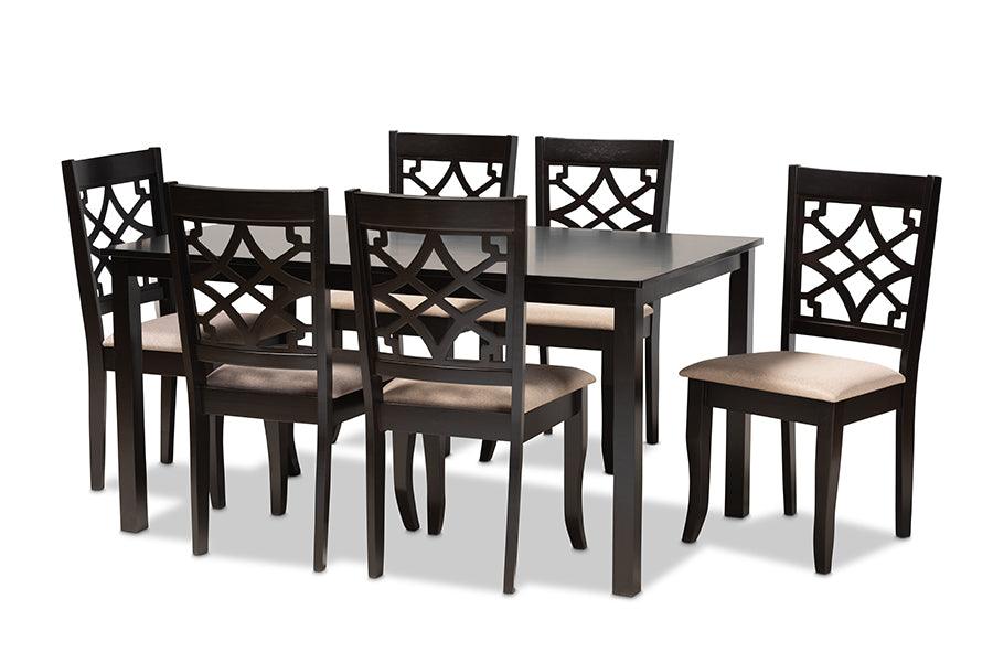 Mael Modern and Contemporary Sand Fabric Upholstered and Espresso Finished Wood 7-Piece Dining Set