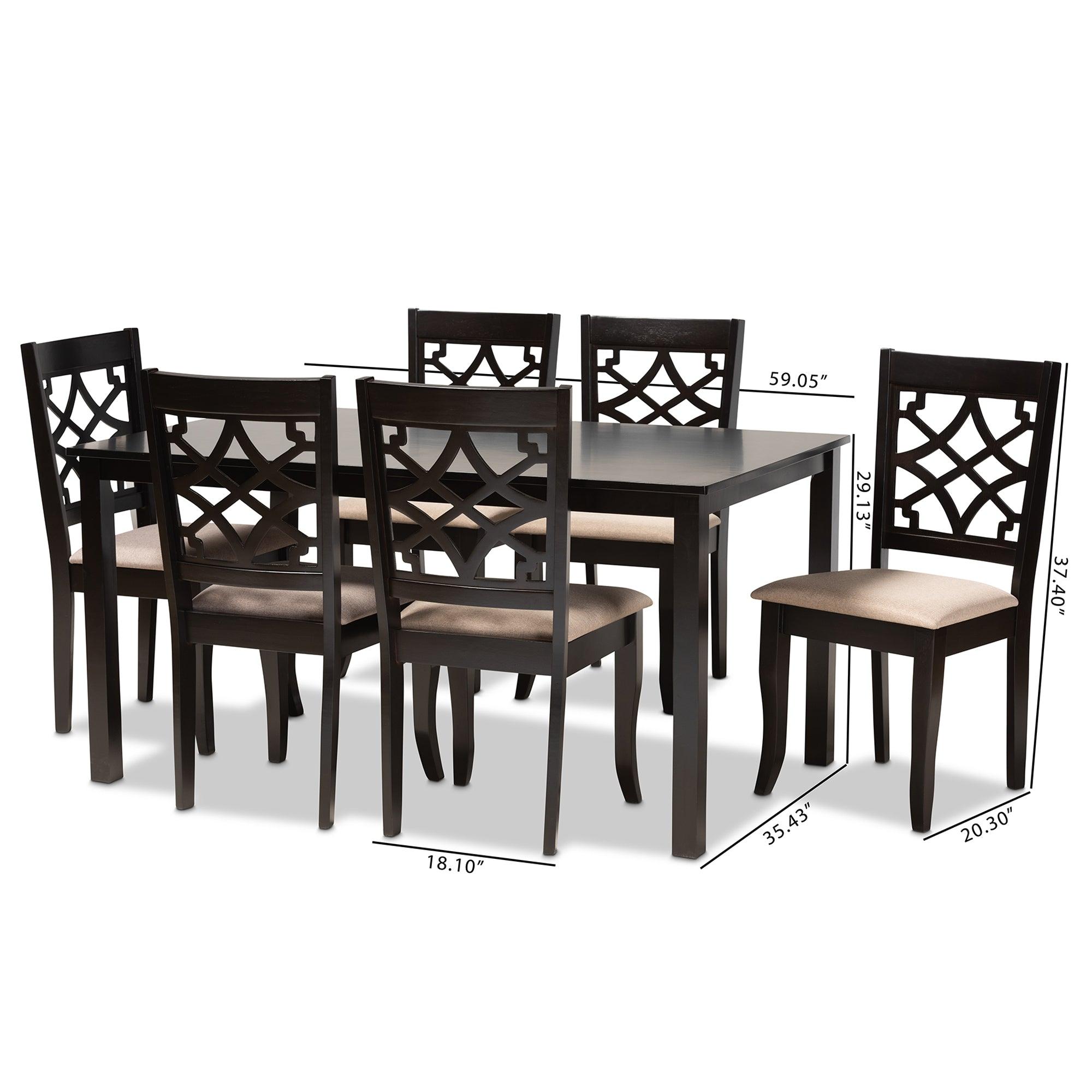 Mael Modern and Contemporary Sand Fabric Upholstered and Espresso Finished Wood 7-Piece Dining Set