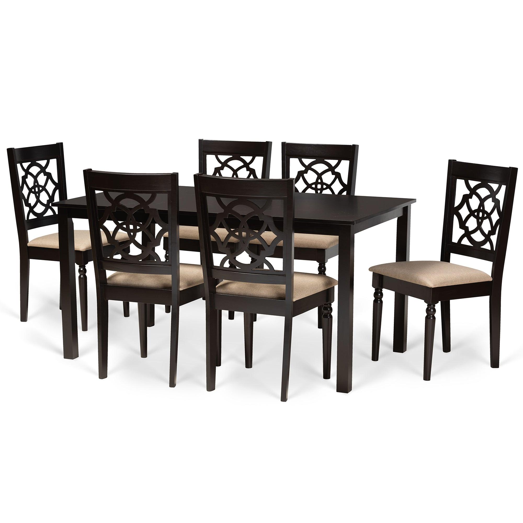 Renaud Modern and Contemporary Sand Fabric Upholstered and Finished Wood 7-Piece Dining Set