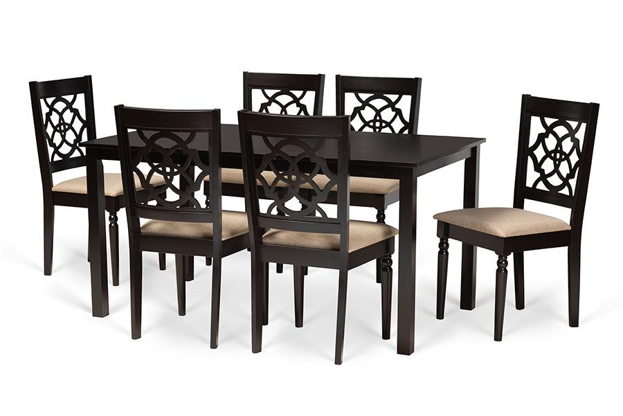 Renaud Modern and Contemporary Sand Fabric Upholstered and Finished Wood 7-Piece Dining Set