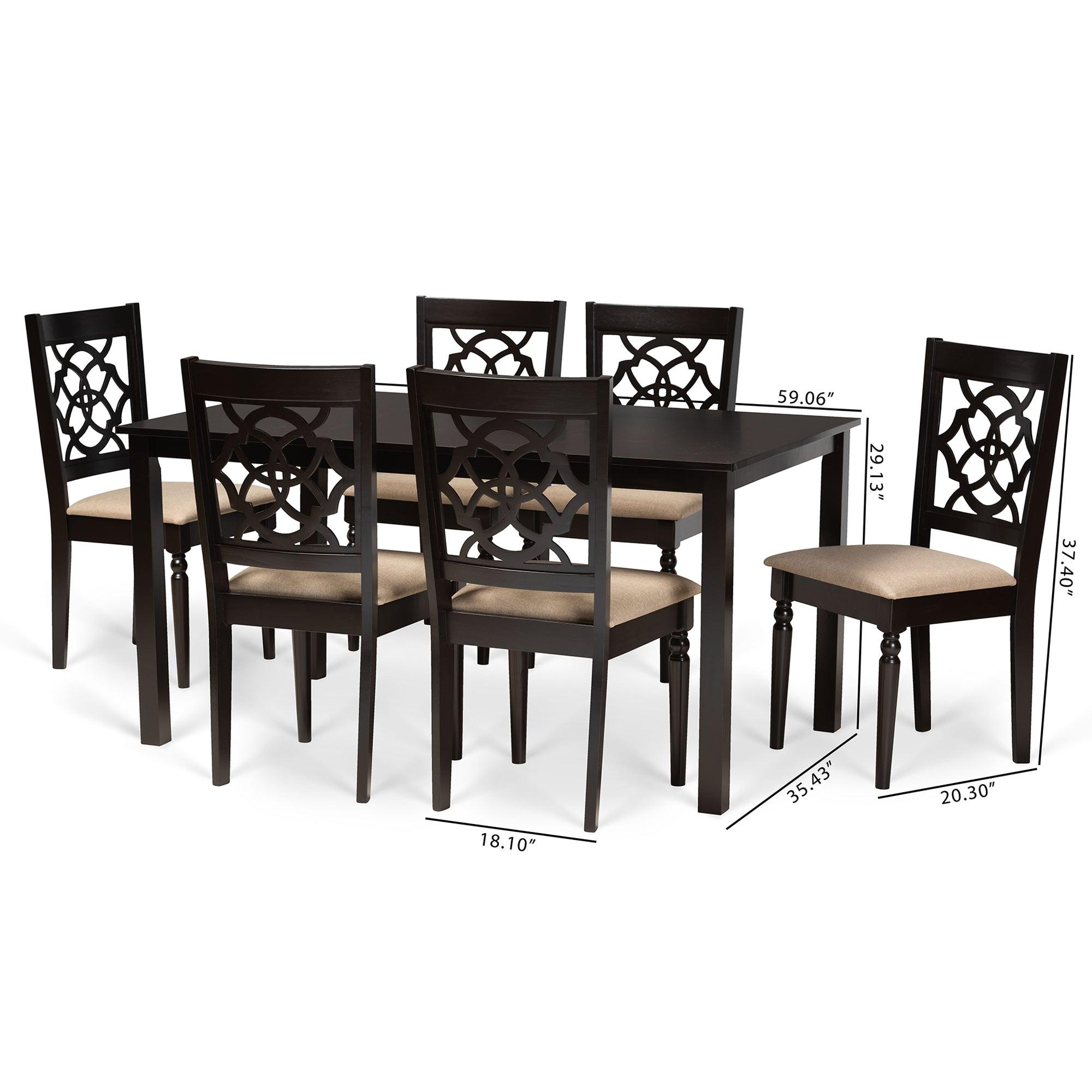 Renaud Modern and Contemporary Sand Fabric Upholstered and Finished Wood 7-Piece Dining Set