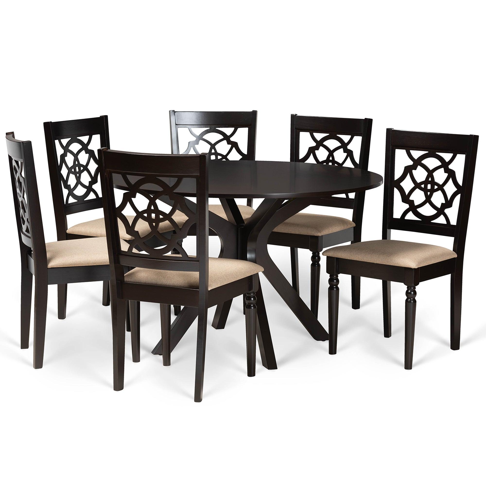 Sadie Modern and Contemporary Sand Fabric Upholstered and Finished Wood 7-Piece Dining Set