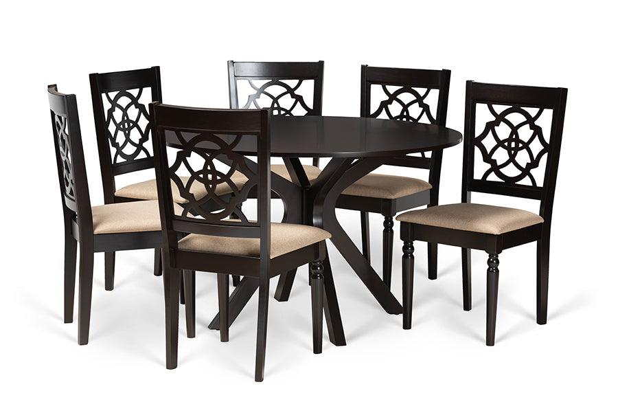 Sadie Modern and Contemporary Sand Fabric Upholstered and Finished Wood 7-Piece Dining Set