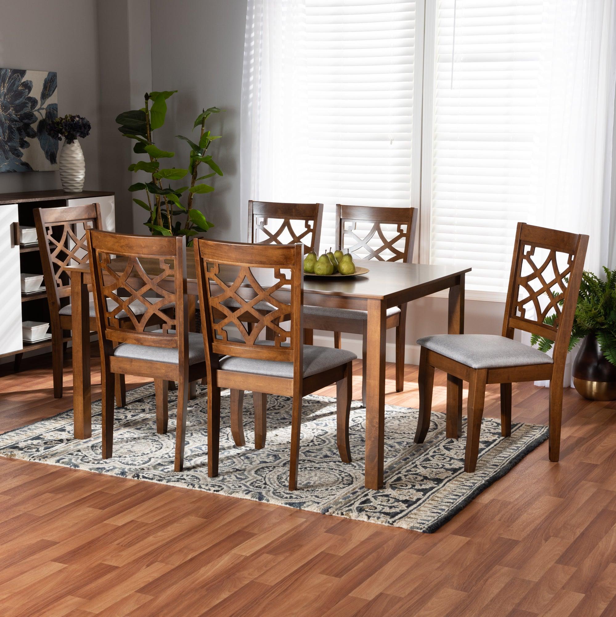 Mael Modern and Contemporary Fabric Upholstered and Finished Wood 7-Piece Dining Set