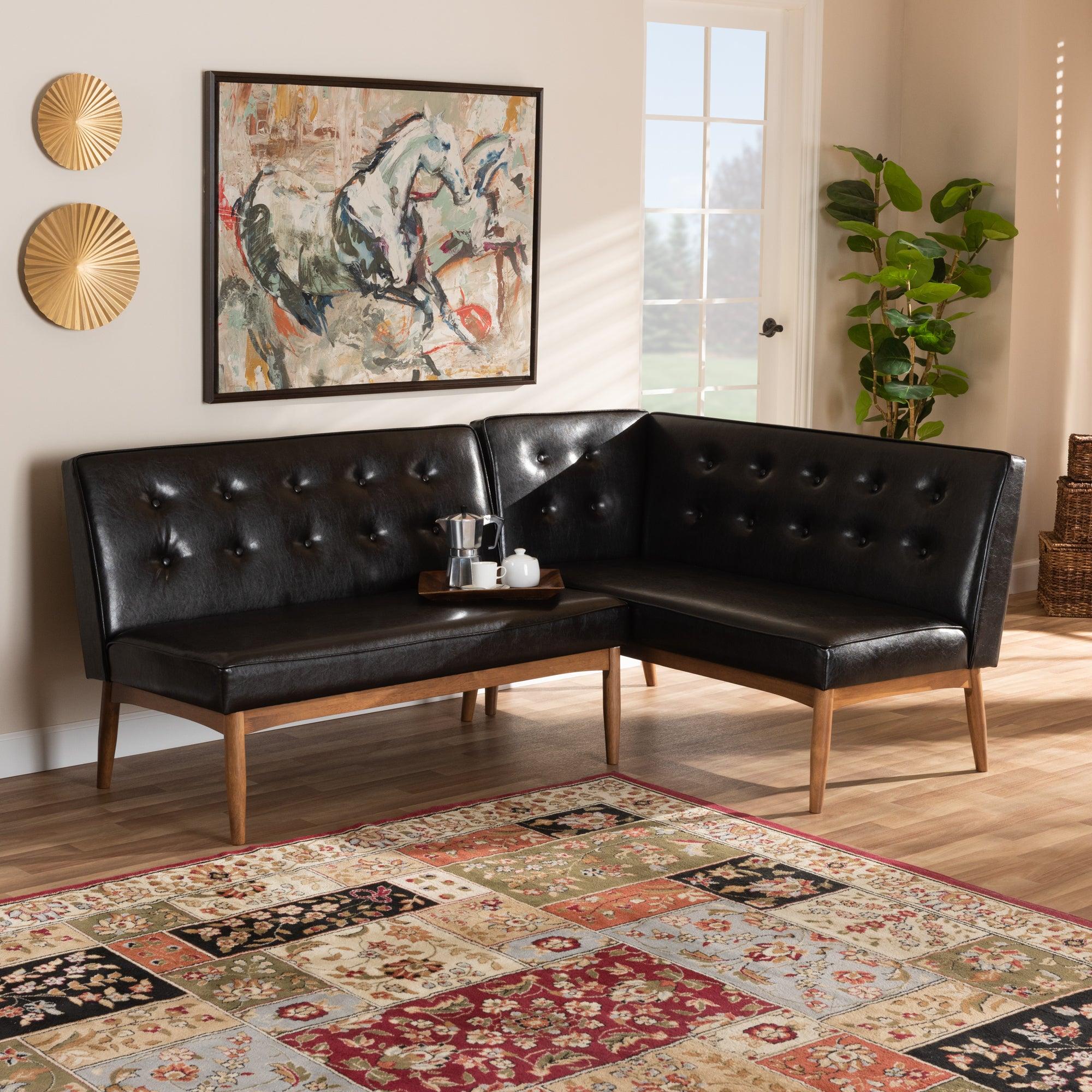 Arvid Mid-Century Modern Faux Leather Upholstered 2-Piece Wood Dining Nook Banquette Set