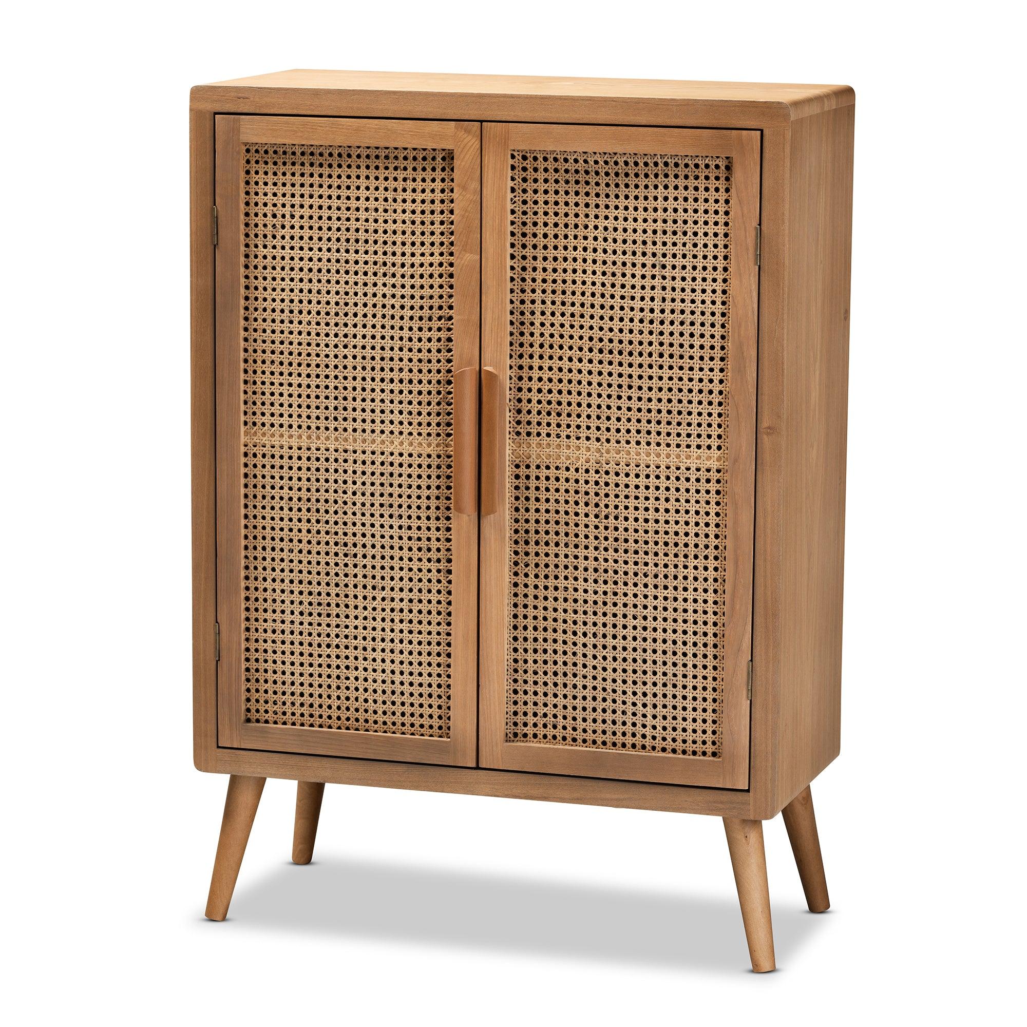 Alina Mid-Century Modern Medium Finished Wood and Rattan 2-Door Accent Storage Cabinet