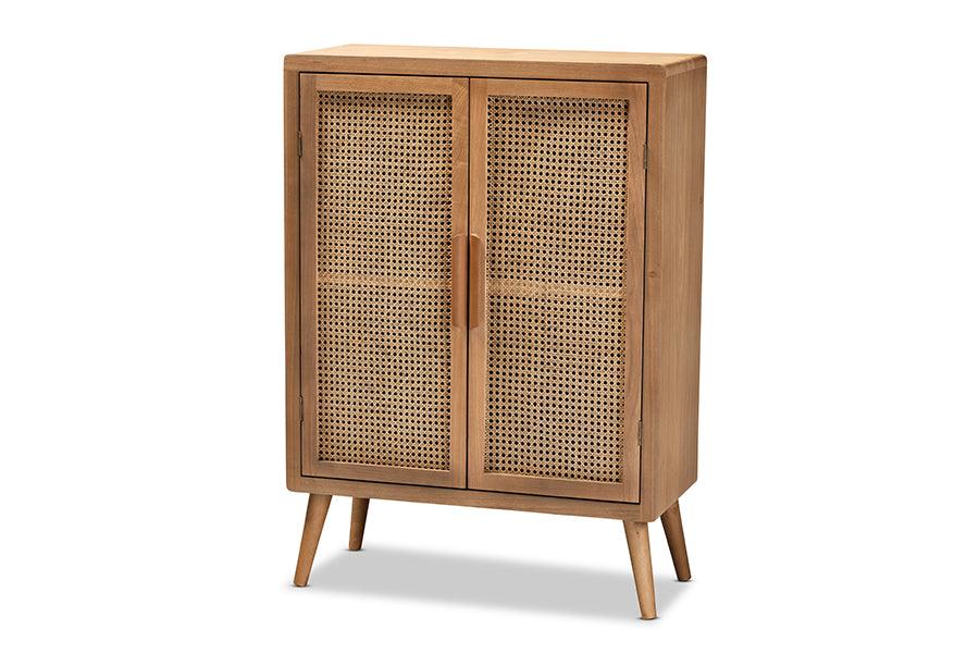 Alina Mid-Century Modern Medium Finished Wood and Rattan 2-Door Accent Storage Cabinet