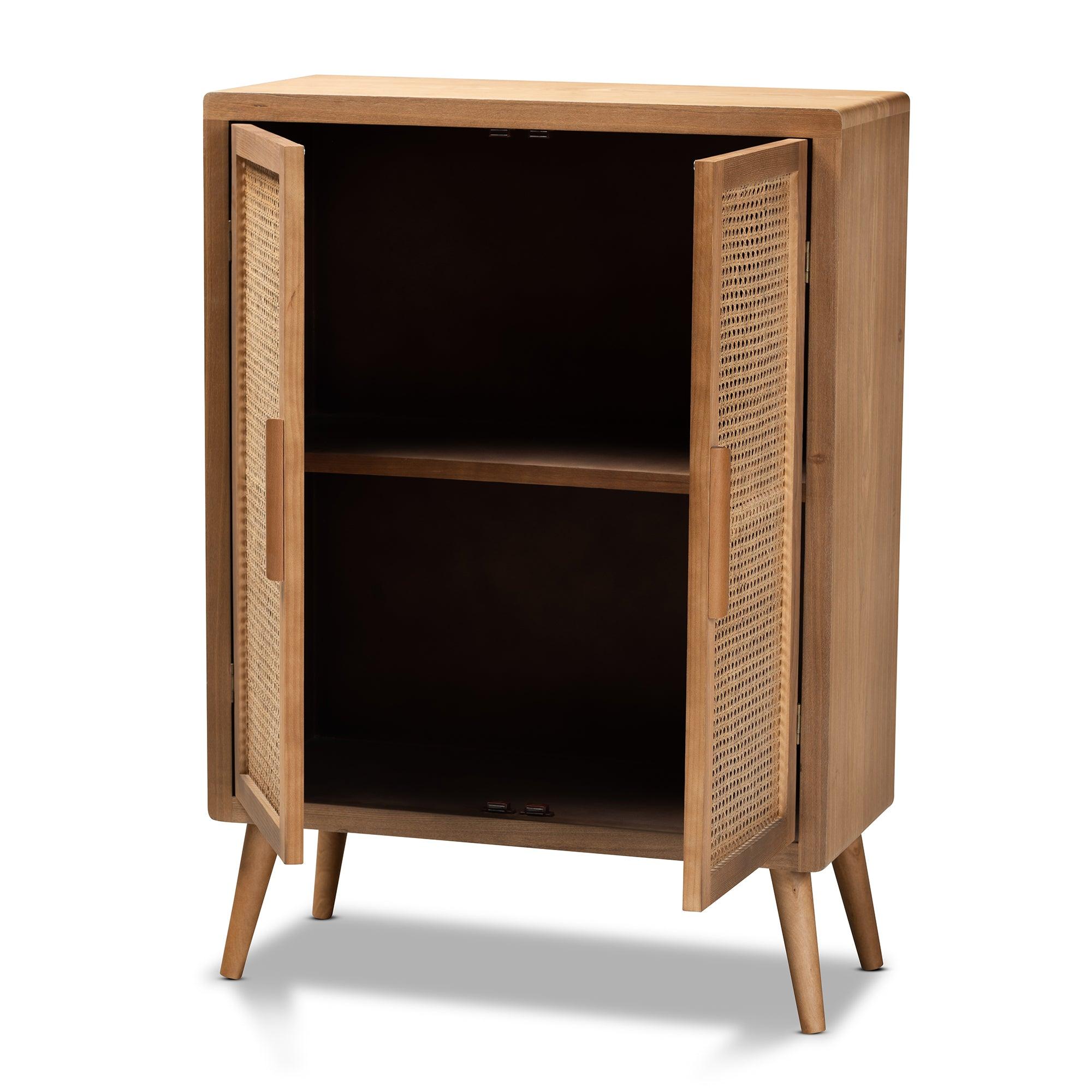 Alina Mid-Century Modern Medium Finished Wood and Rattan 2-Door Accent Storage Cabinet