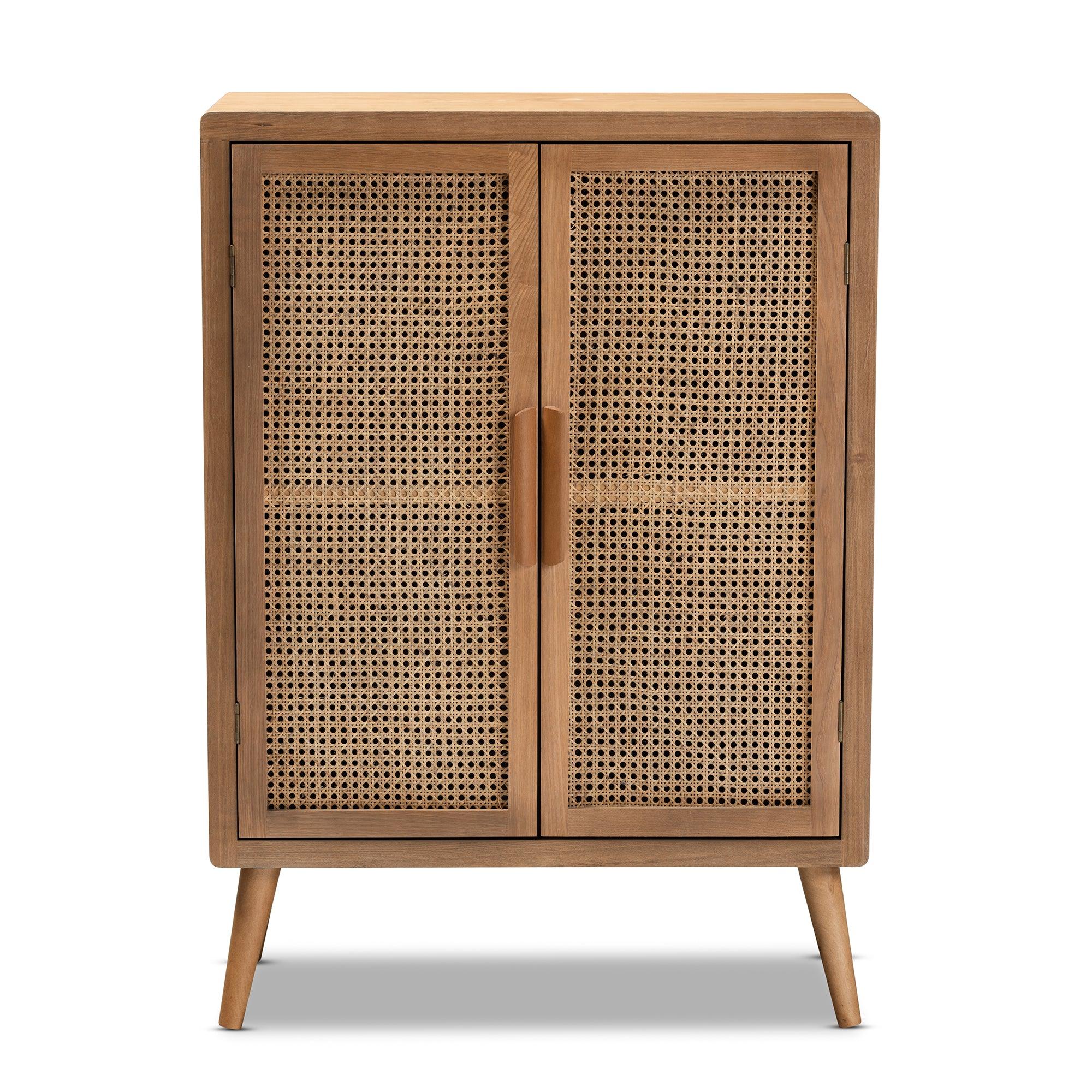 Alina Mid-Century Modern Medium Finished Wood and Rattan 2-Door Accent Storage Cabinet