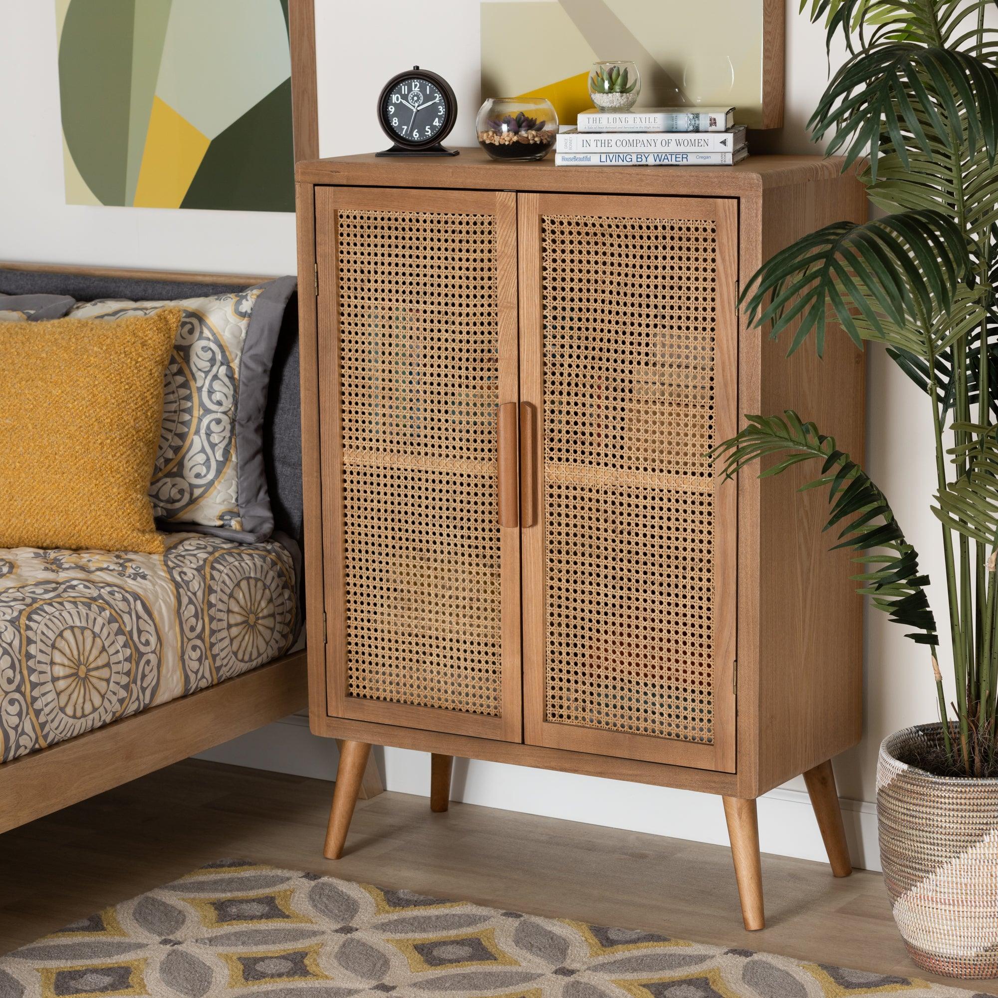 Alina Mid-Century Modern Medium Finished Wood and Rattan 2-Door Accent Storage Cabinet