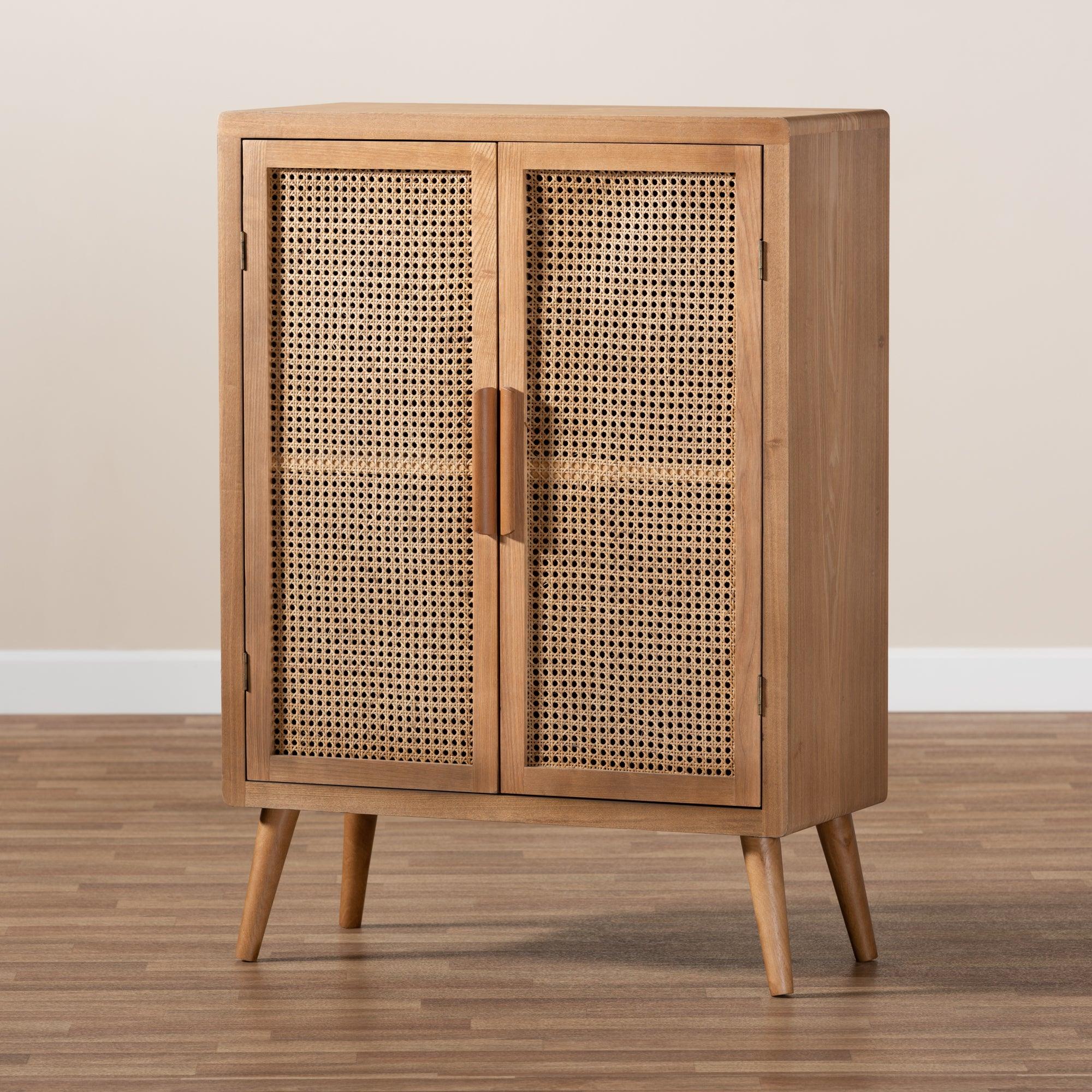 Alina Mid-Century Modern Medium Finished Wood and Rattan 2-Door Accent Storage Cabinet