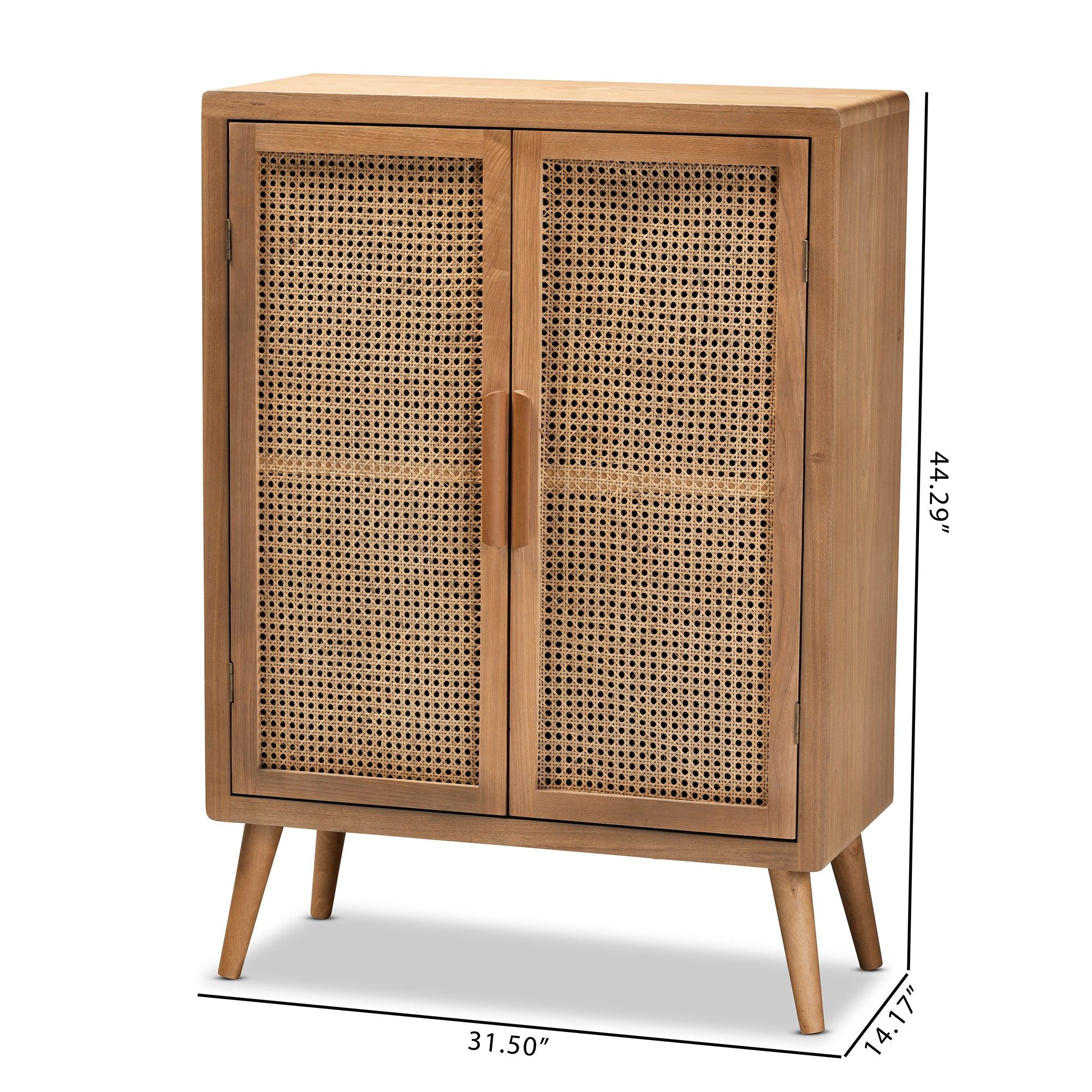 Alina Mid-Century Modern Medium Finished Wood and Rattan 2-Door Accent Storage Cabinet