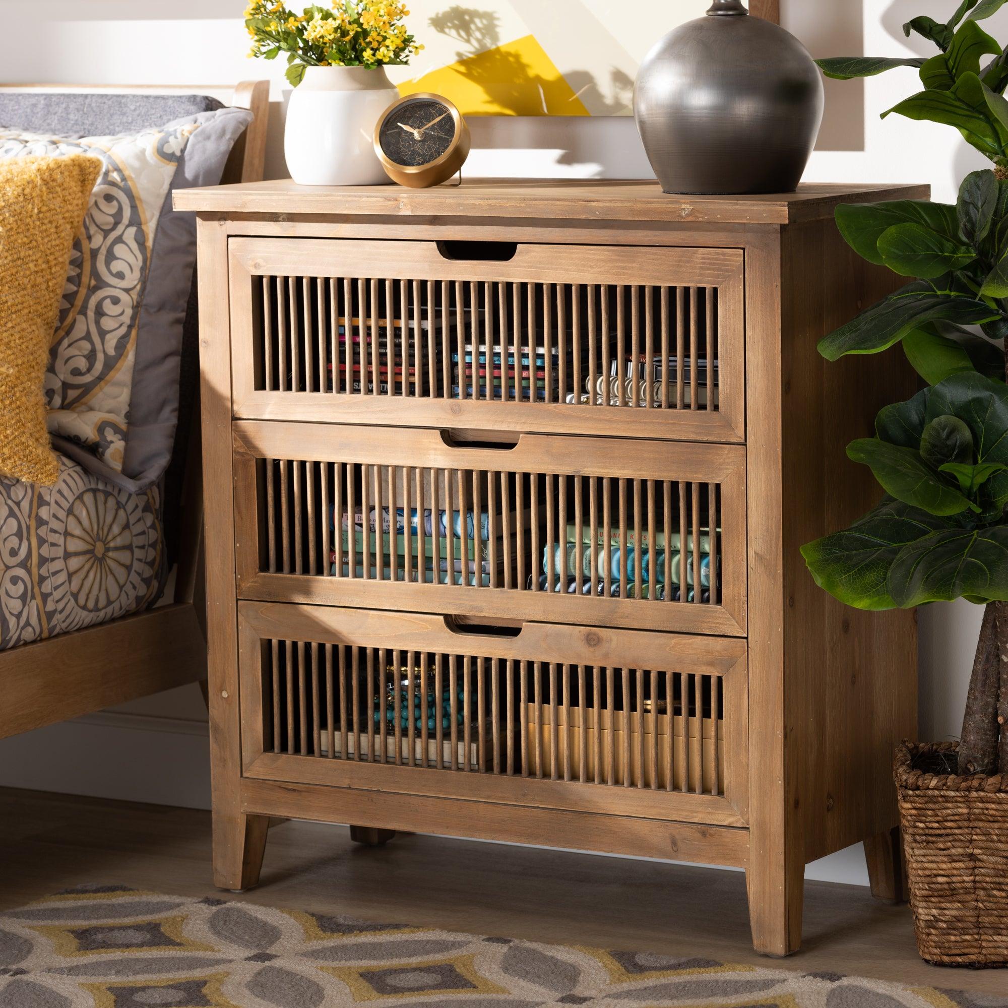 Clement Rustic Transitional Medium Finished 3-Drawer Wood Spindle Storage Cabinet