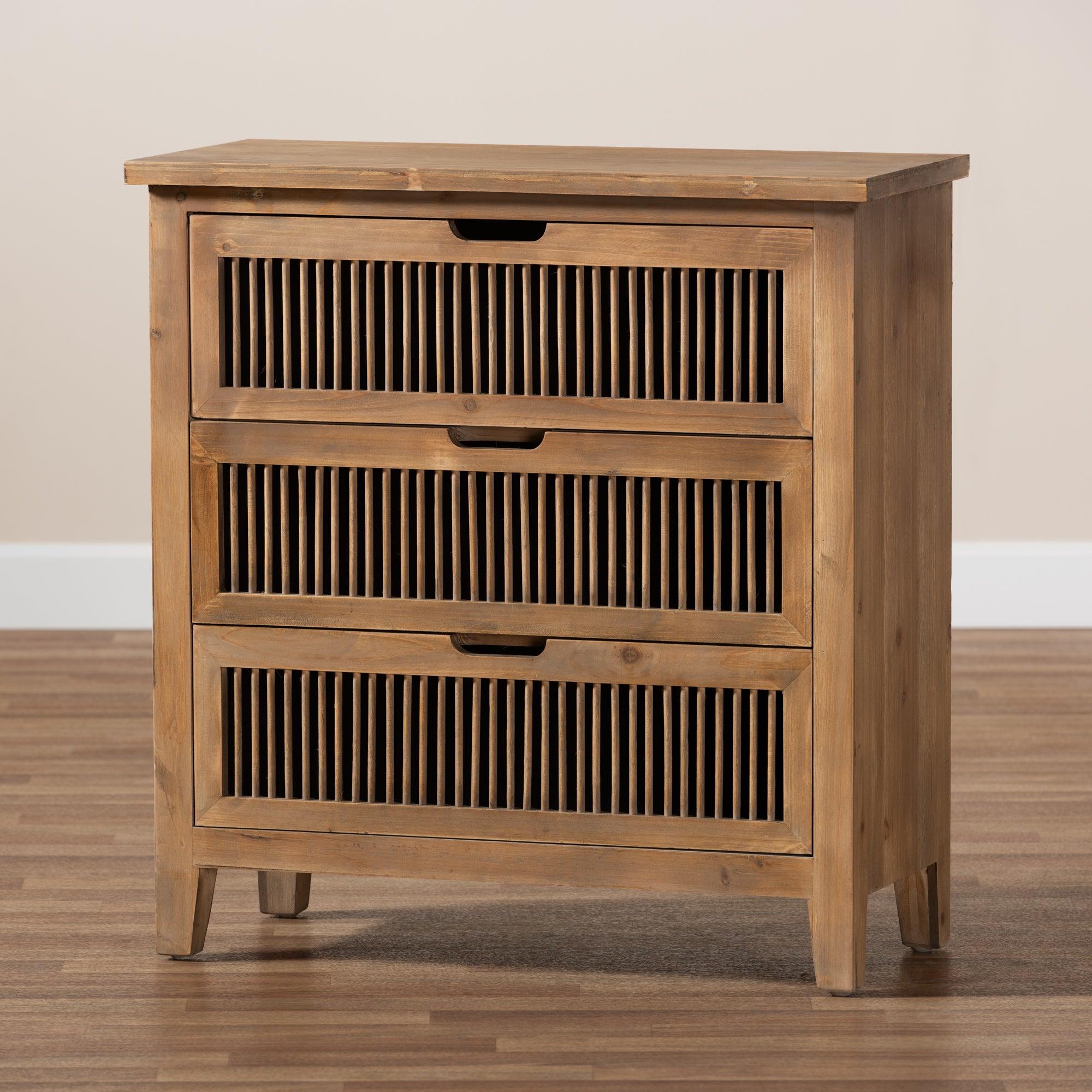 Clement Rustic Transitional Medium Finished 3-Drawer Wood Spindle Storage Cabinet