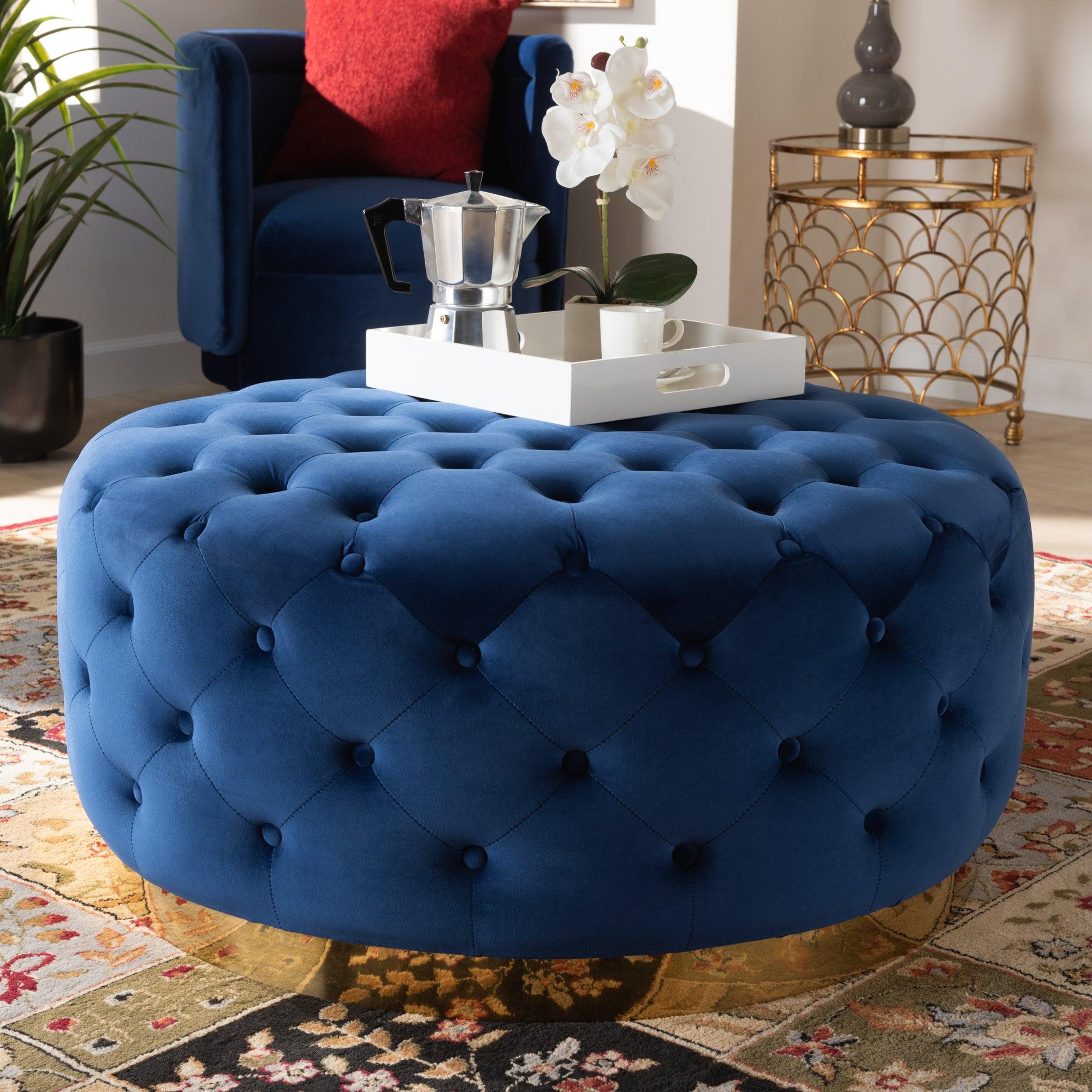 Sasha Glam and Luxe Royal Velvet Fabric Upholstered Finished Round Cocktail Ottoman