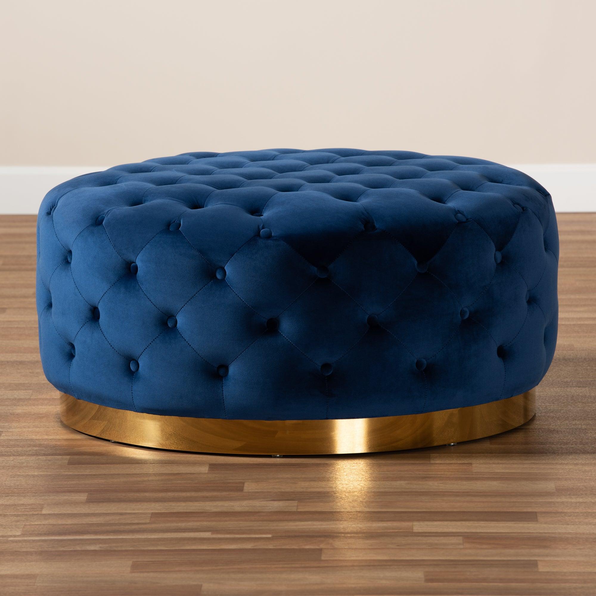 Sasha Glam and Luxe Royal Velvet Fabric Upholstered Finished Round Cocktail Ottoman