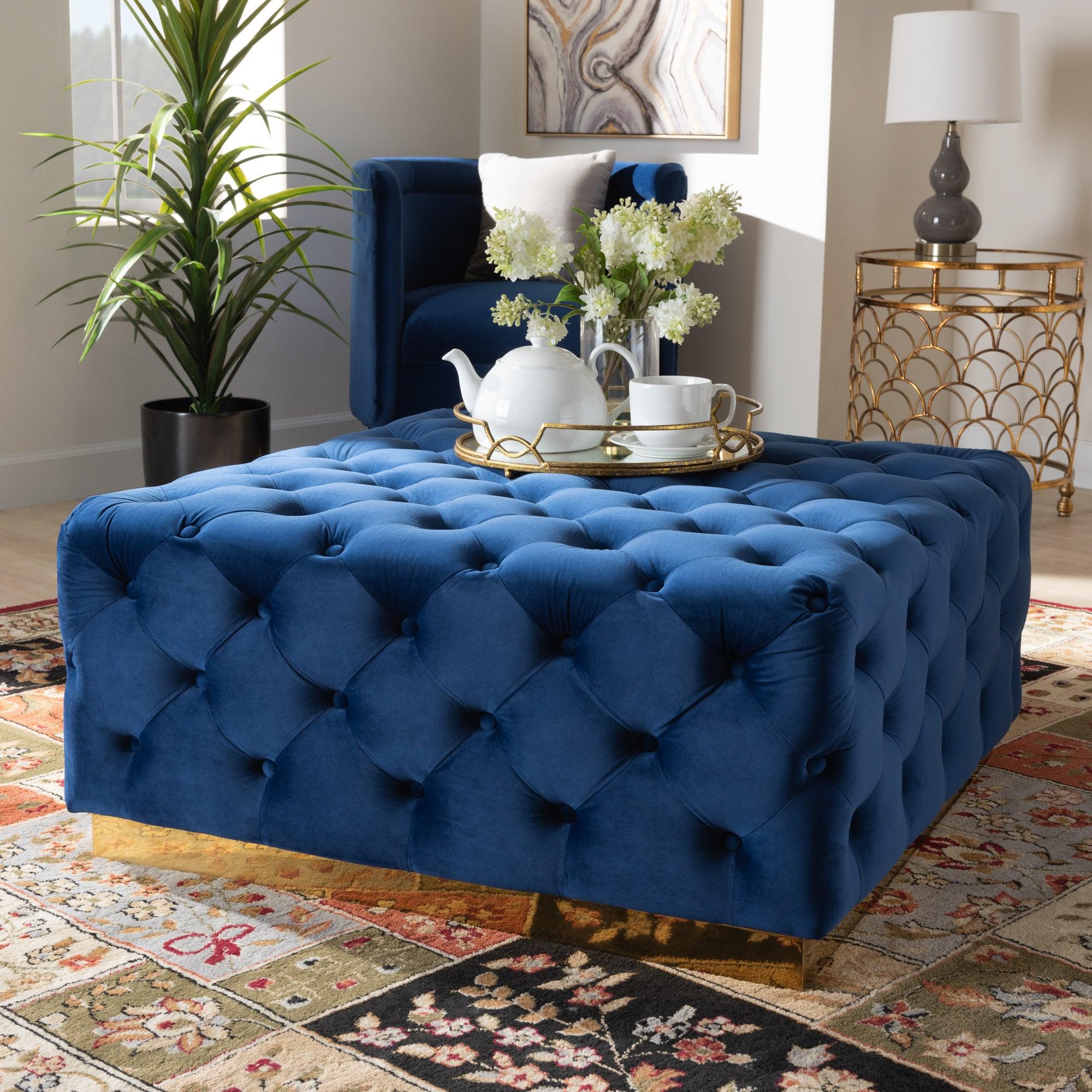 Verene Glam and Luxe Royal Velvet Fabric Upholstered Finished Square Cocktail Ottoman