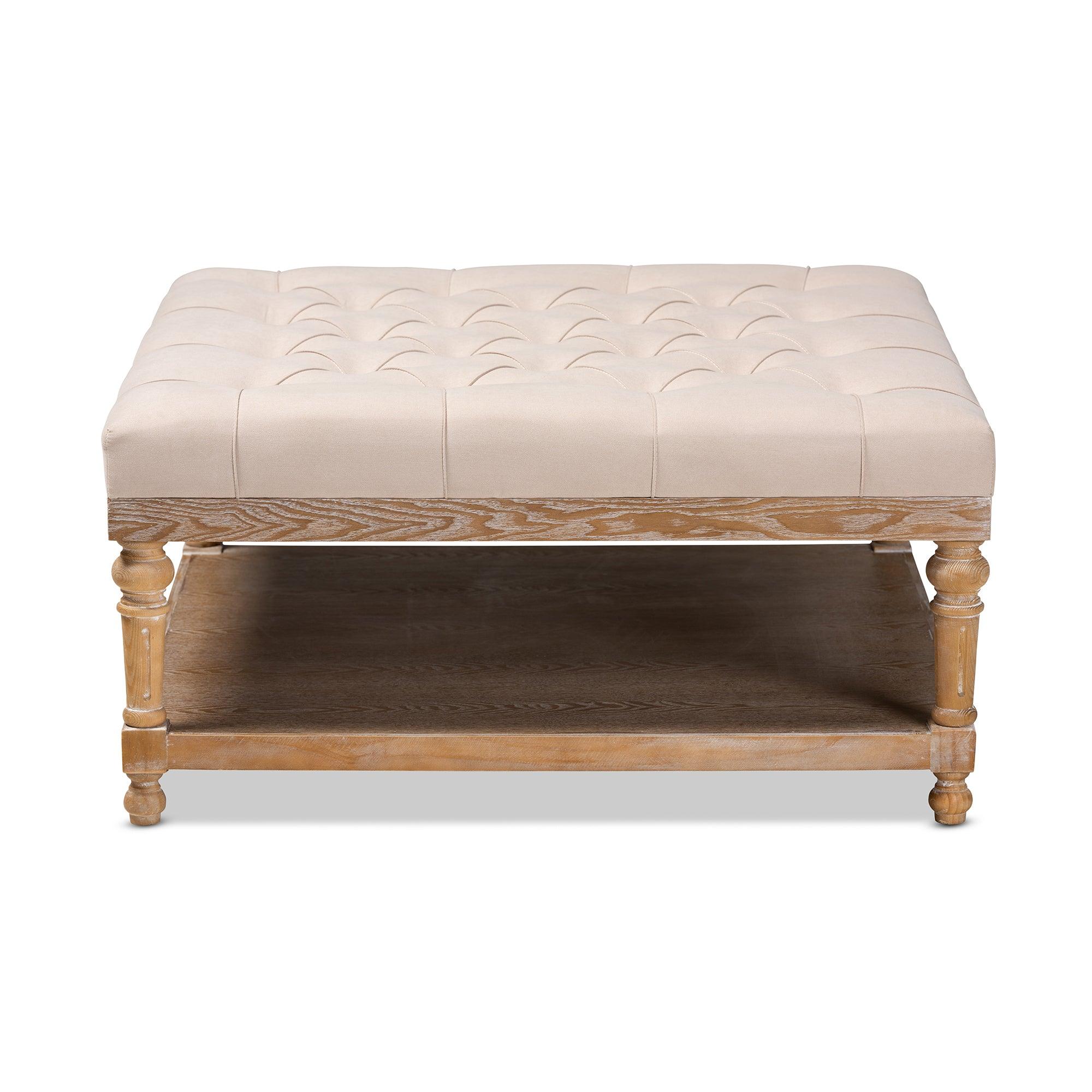 Kelly Modern and Rustic Linen Fabric Upholstered and washed Wood Cocktail Ottoman