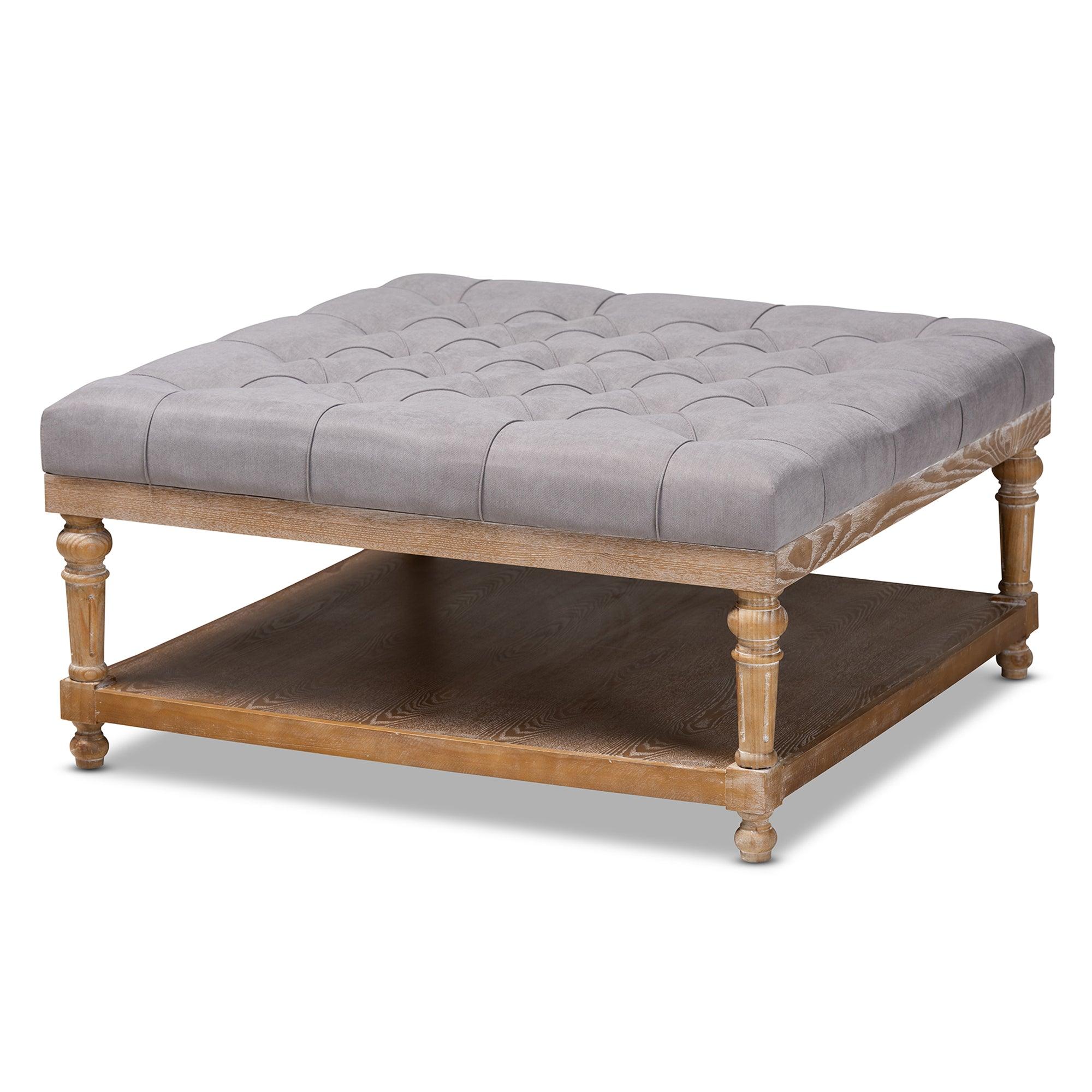 Kelly Modern and Rustic Linen Fabric Upholstered and washed Wood Cocktail Ottoman