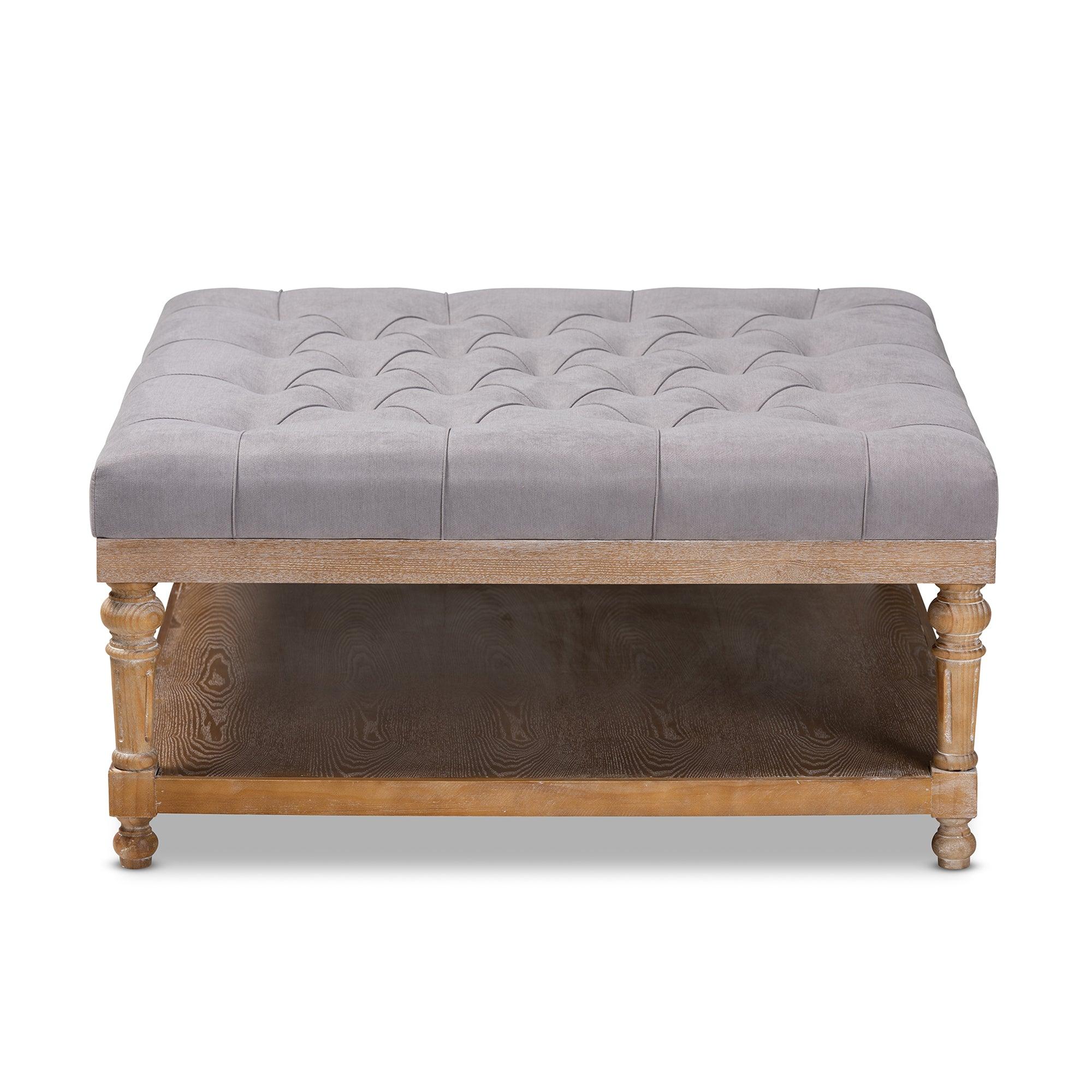 Kelly Modern and Rustic Linen Fabric Upholstered and washed Wood Cocktail Ottoman