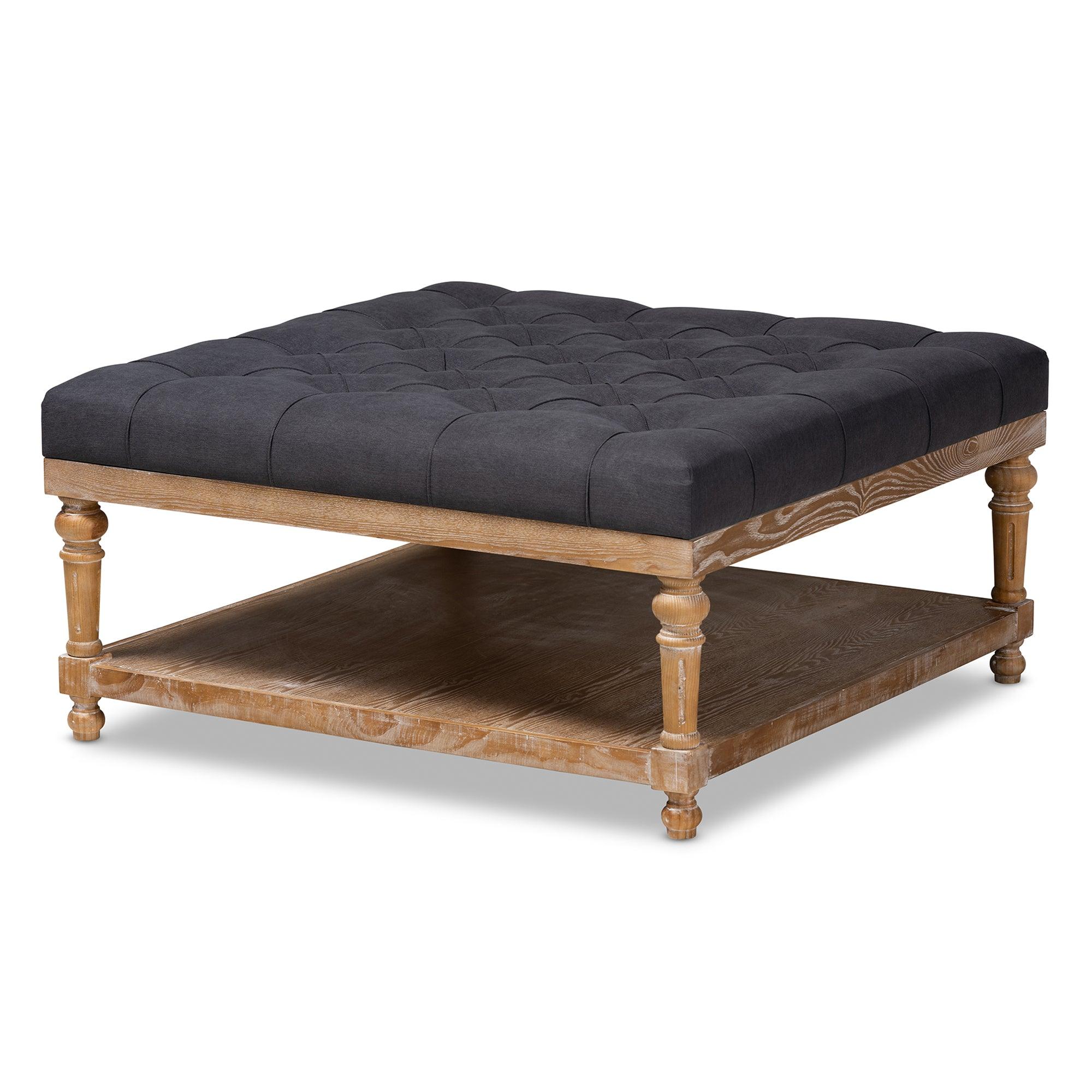 Kelly Modern and Rustic Linen Fabric Upholstered and washed Wood Cocktail Ottoman