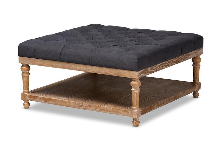 Kelly Modern and Rustic Linen Fabric Upholstered and washed Wood Cocktail Ottoman