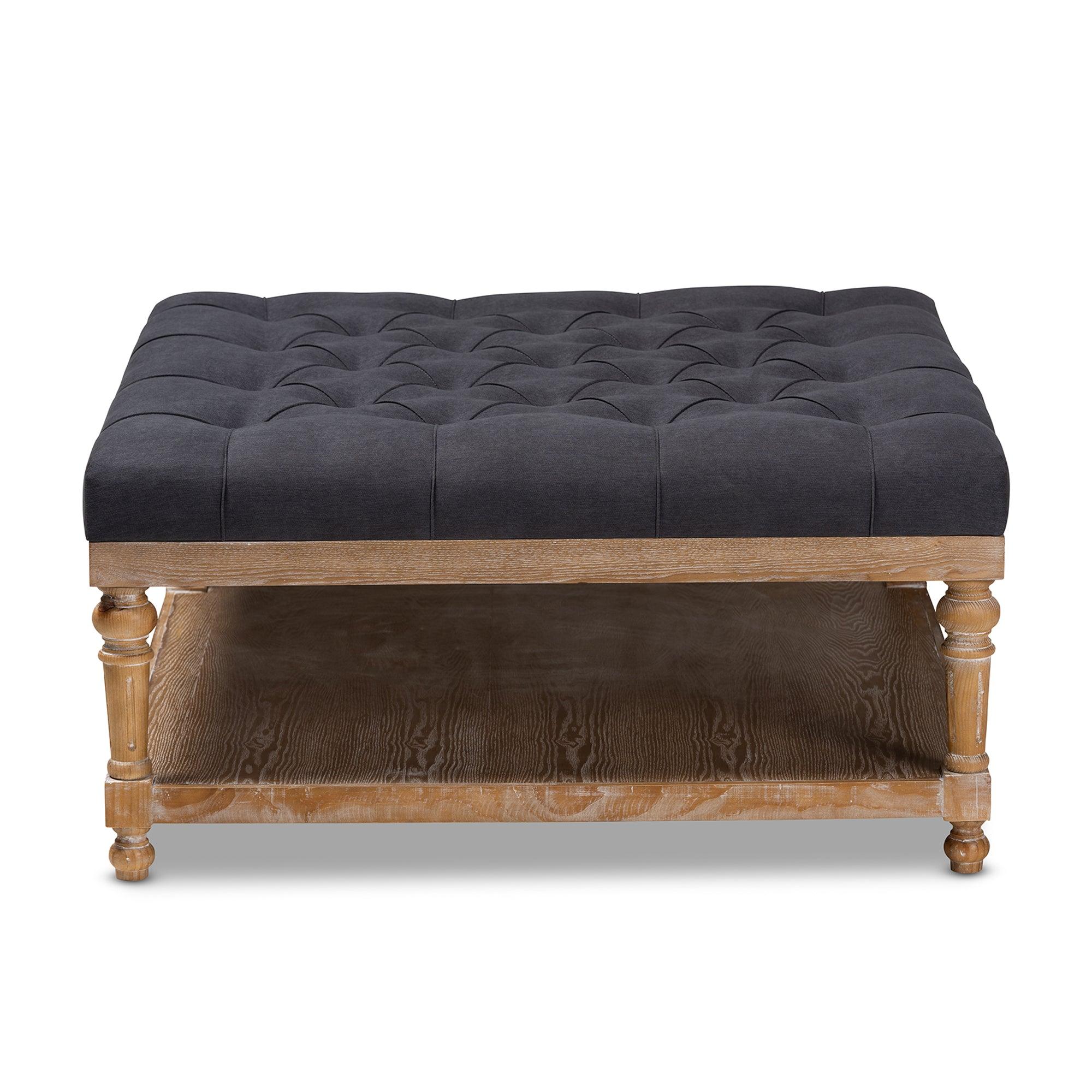 Kelly Modern and Rustic Linen Fabric Upholstered and washed Wood Cocktail Ottoman