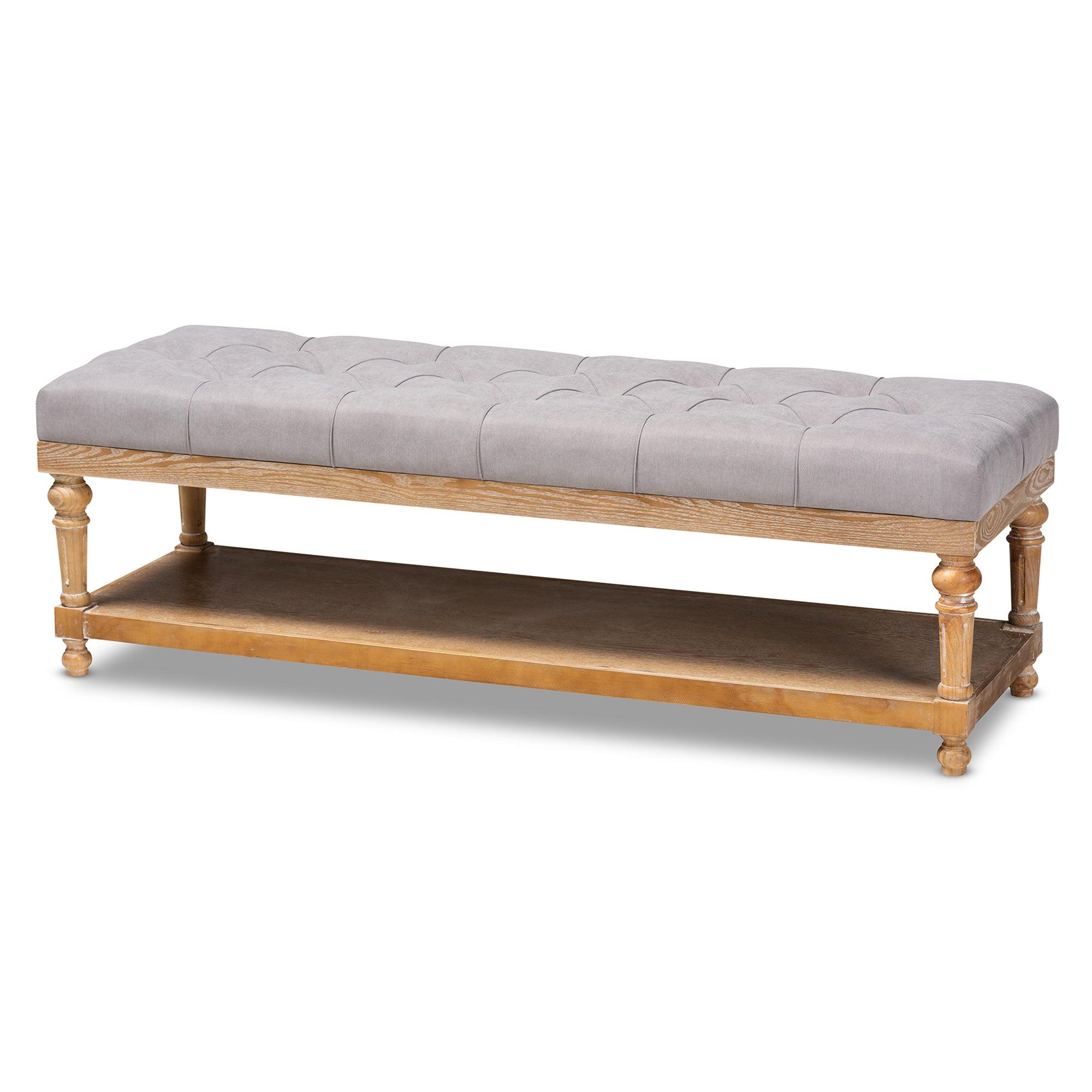 Linda Modern and Rustic Linen Fabric Upholstered and washed Wood Storage Bench