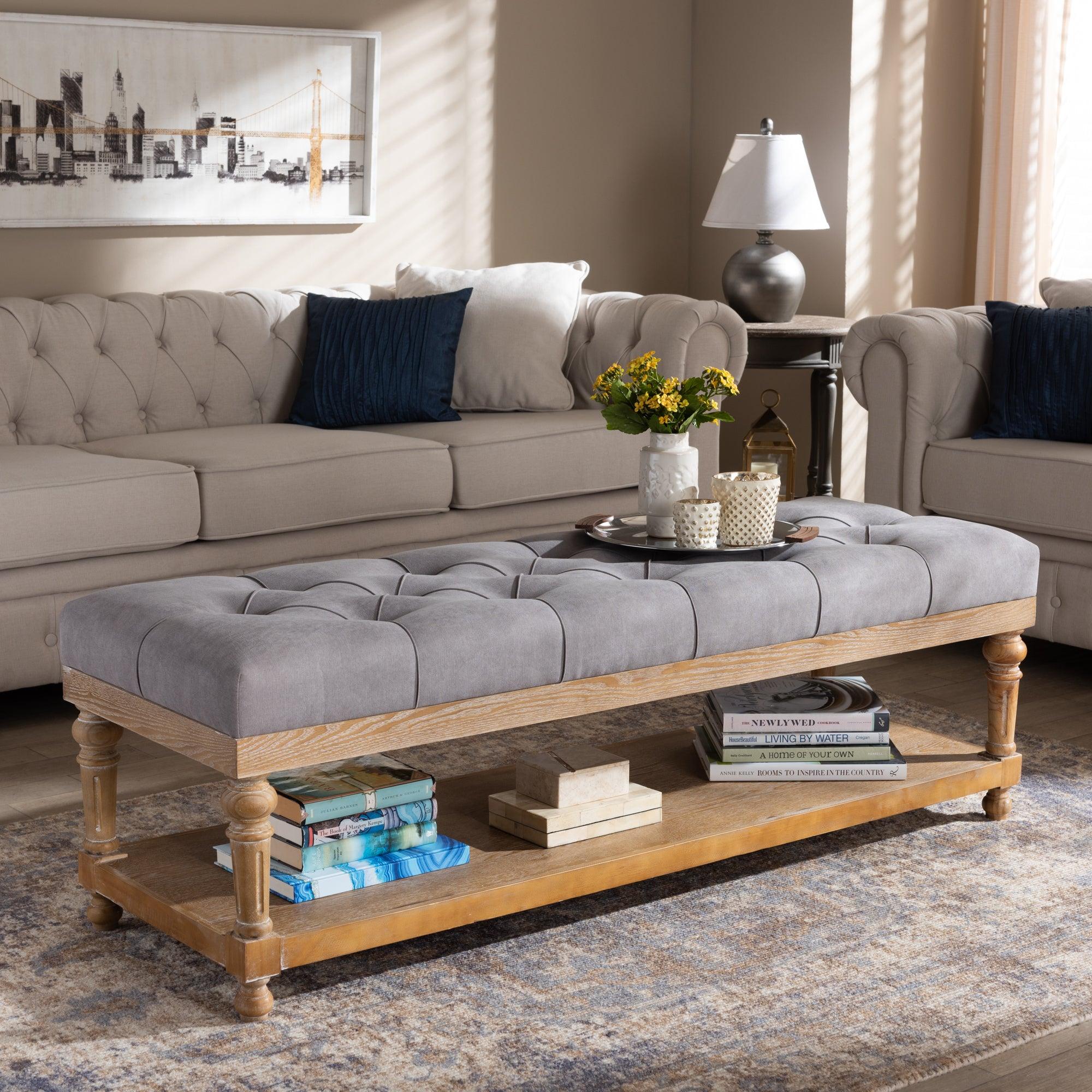 Linda Modern and Rustic Linen Fabric Upholstered and washed Wood Storage Bench