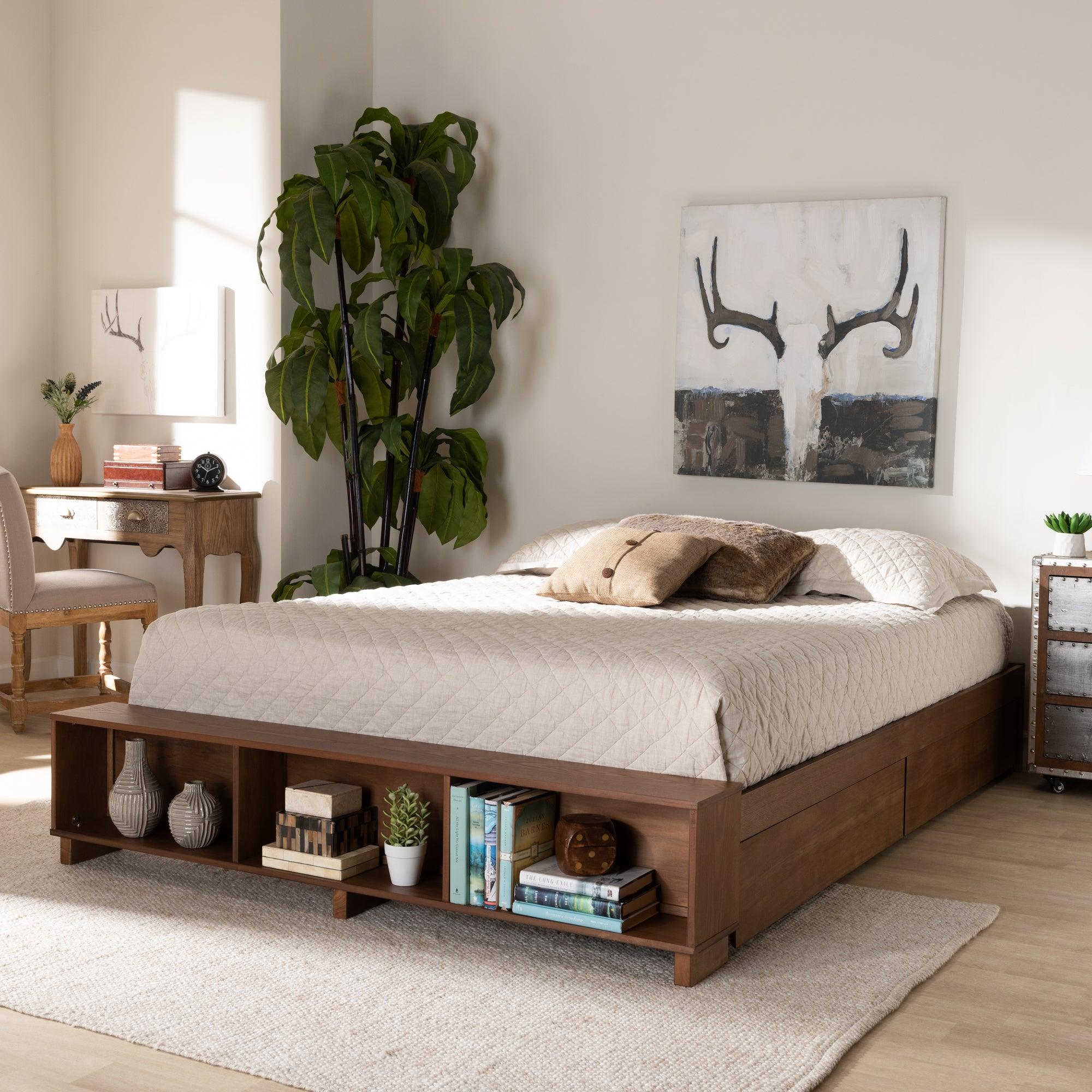 Arthur Modern Rustic Ash Finished Wood Platform Bed with Built-In Shelves