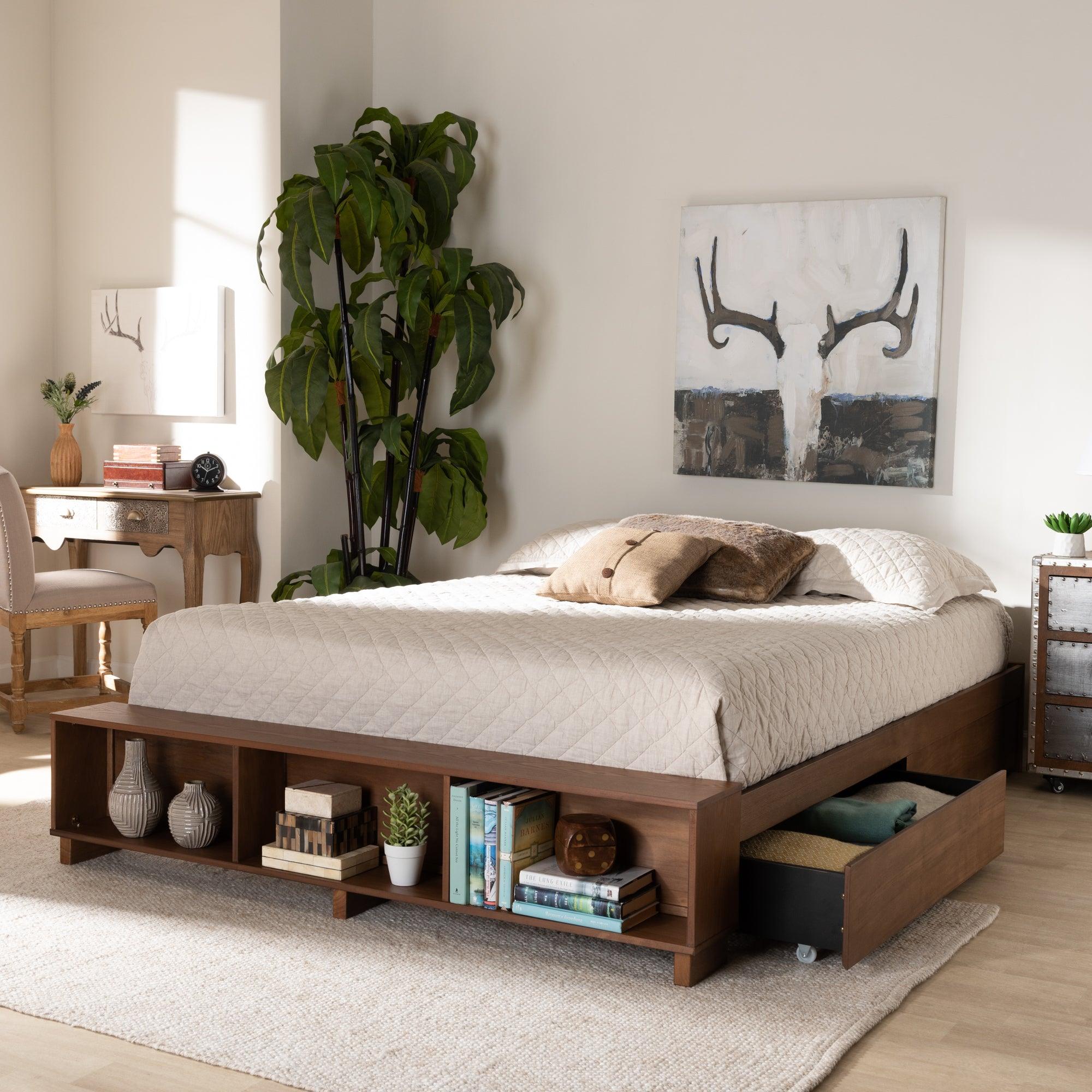 Arthur Modern Rustic Ash Finished Wood Platform Bed with Built-In Shelves