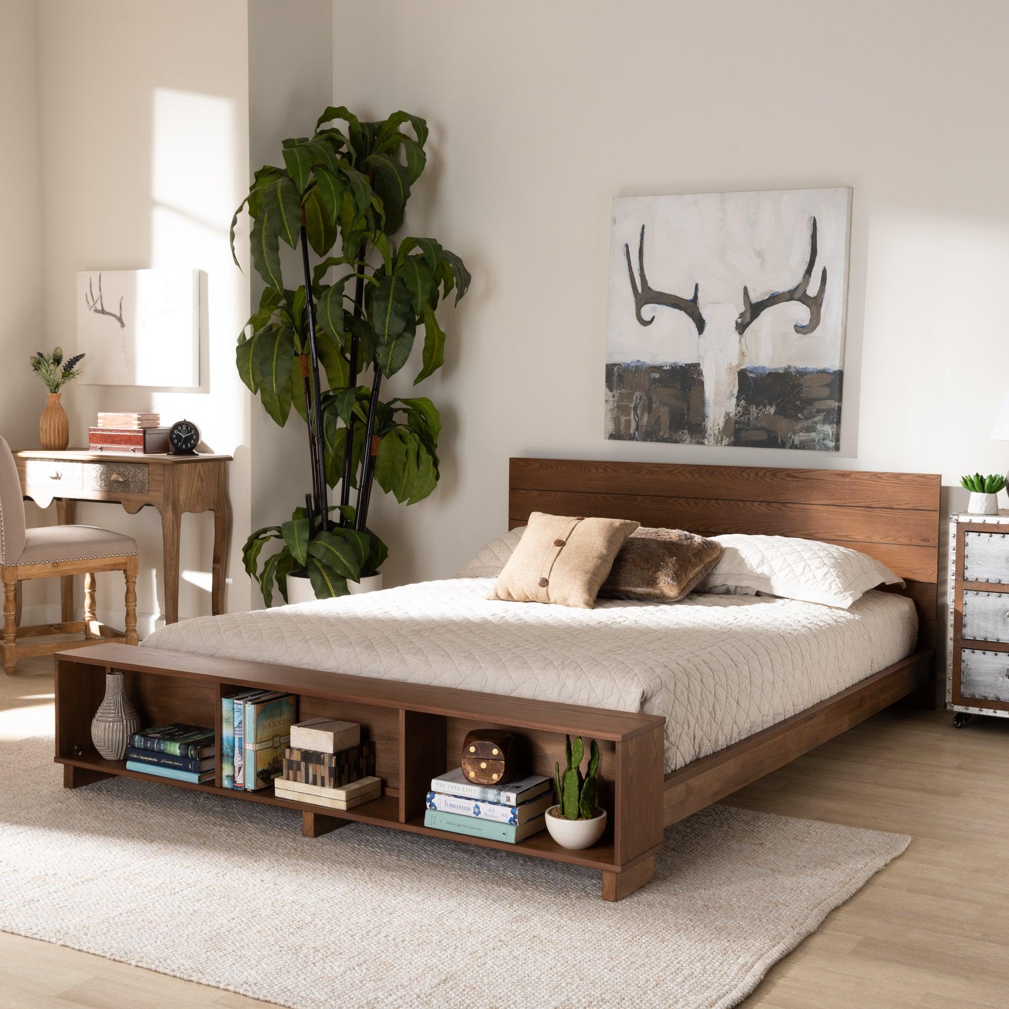 Regina Modern Rustic Ash Finished Wood Platform Storage Bed with Built-In Shelves