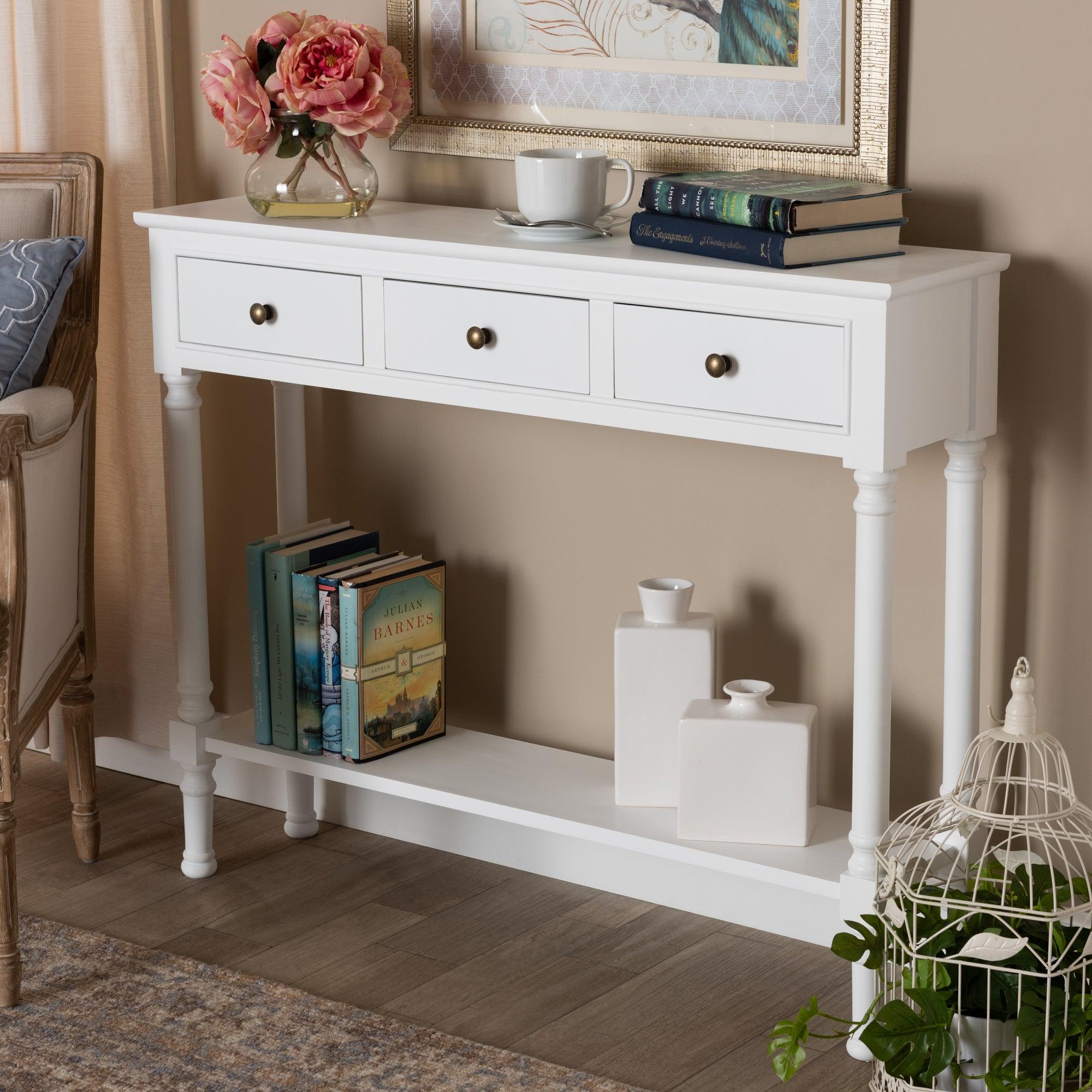 Calvin Classic and Traditional French Farmhouse Finished Wood 3-Drawer Entryway Console Table