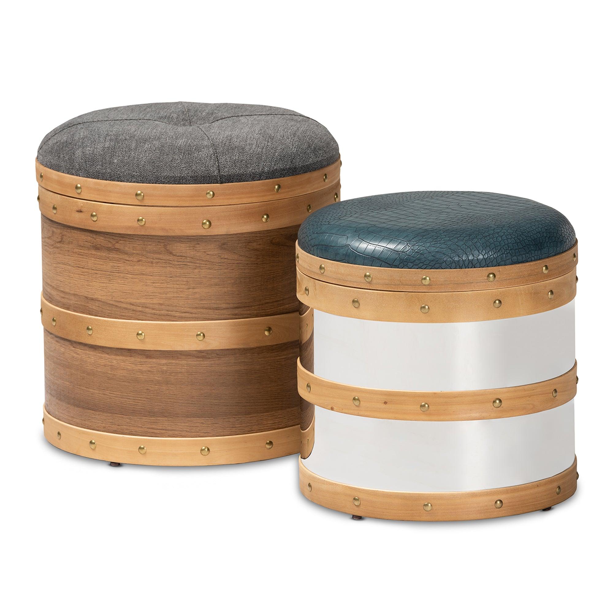 Caleb Modern and Contemporary Glam Fabric and Alligator Faux Leather Upholstered 2-Piece Wood and Metal Storage Ottoman Set