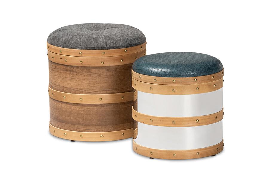 Caleb Modern and Contemporary Glam Fabric and Alligator Faux Leather Upholstered 2-Piece Wood and Metal Storage Ottoman Set